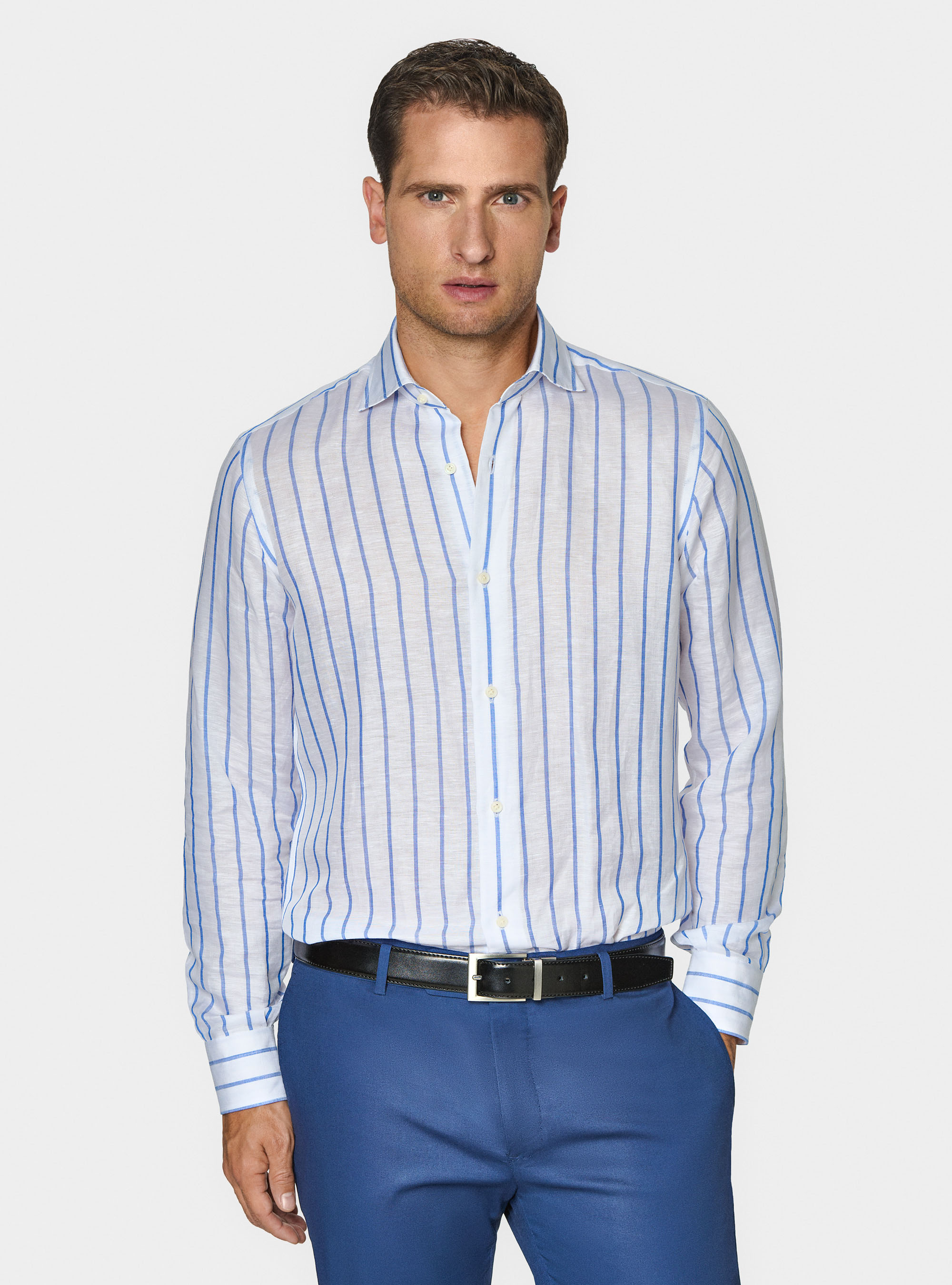 Chemise &agrave; rayures en lin m&eacute;lang&eacute;, BLEU