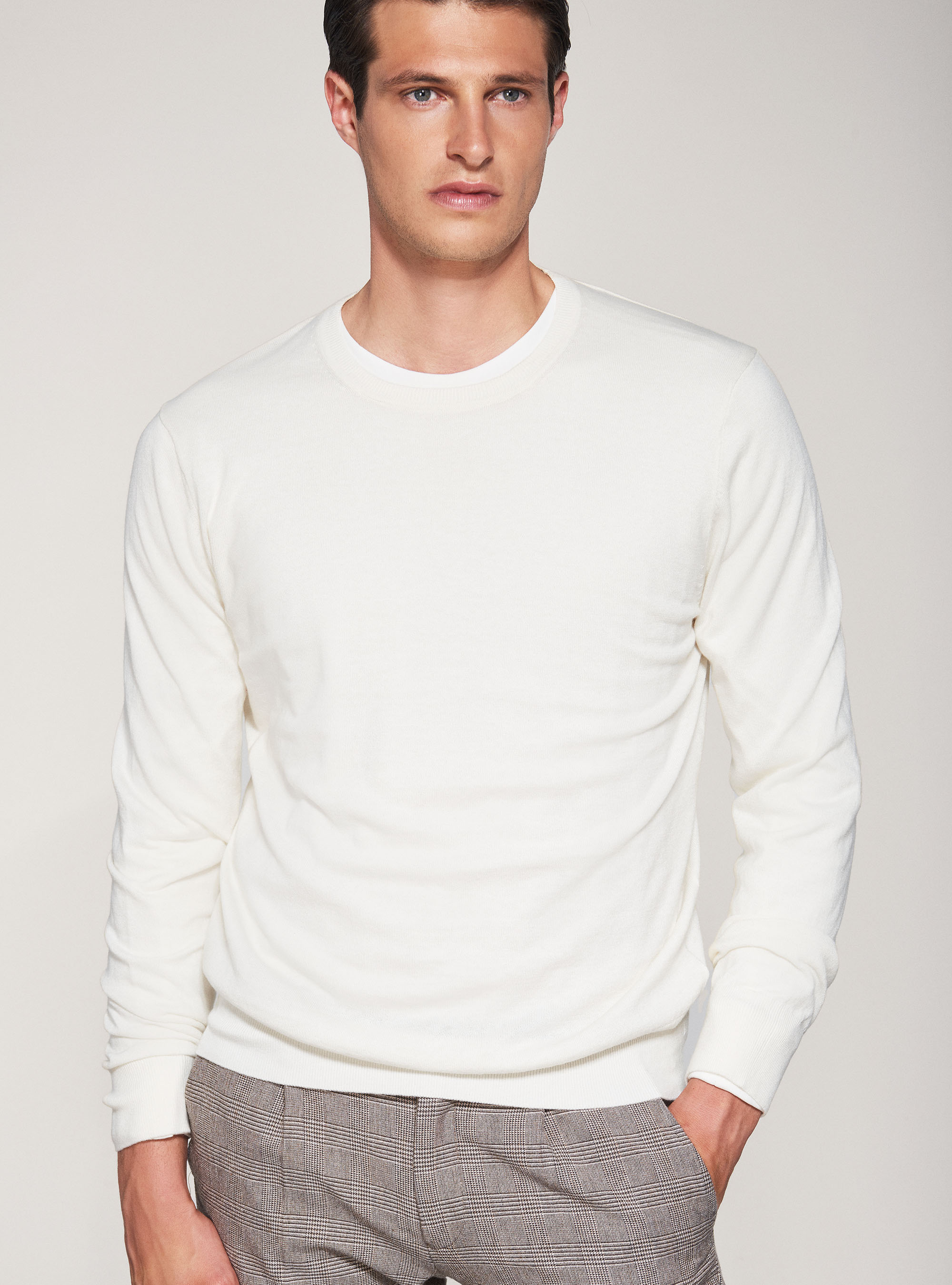 Round-neck cotton silk and cashmere sweater, WHITE