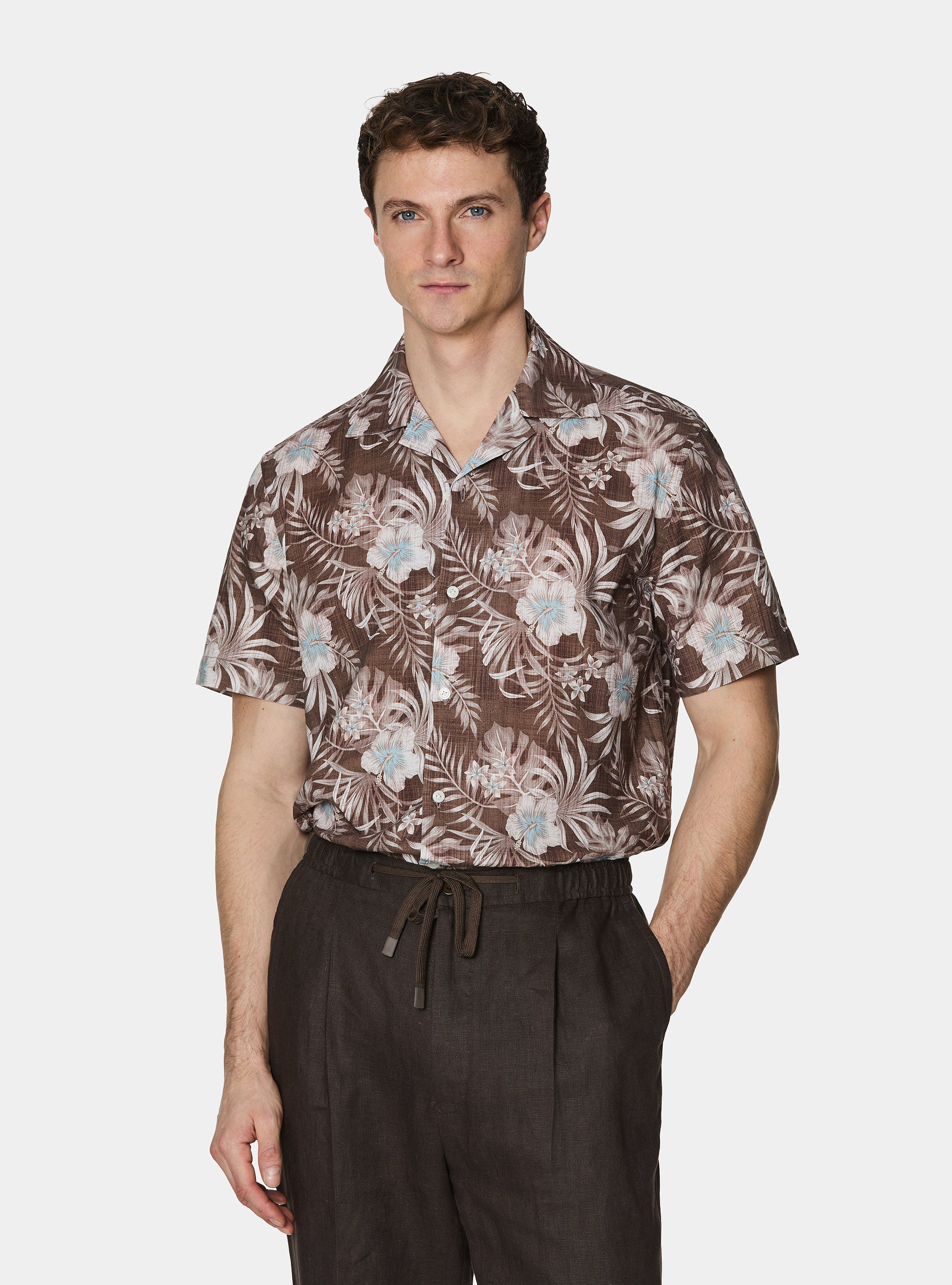 Printed linen and cotton bowling shirt, BROWN