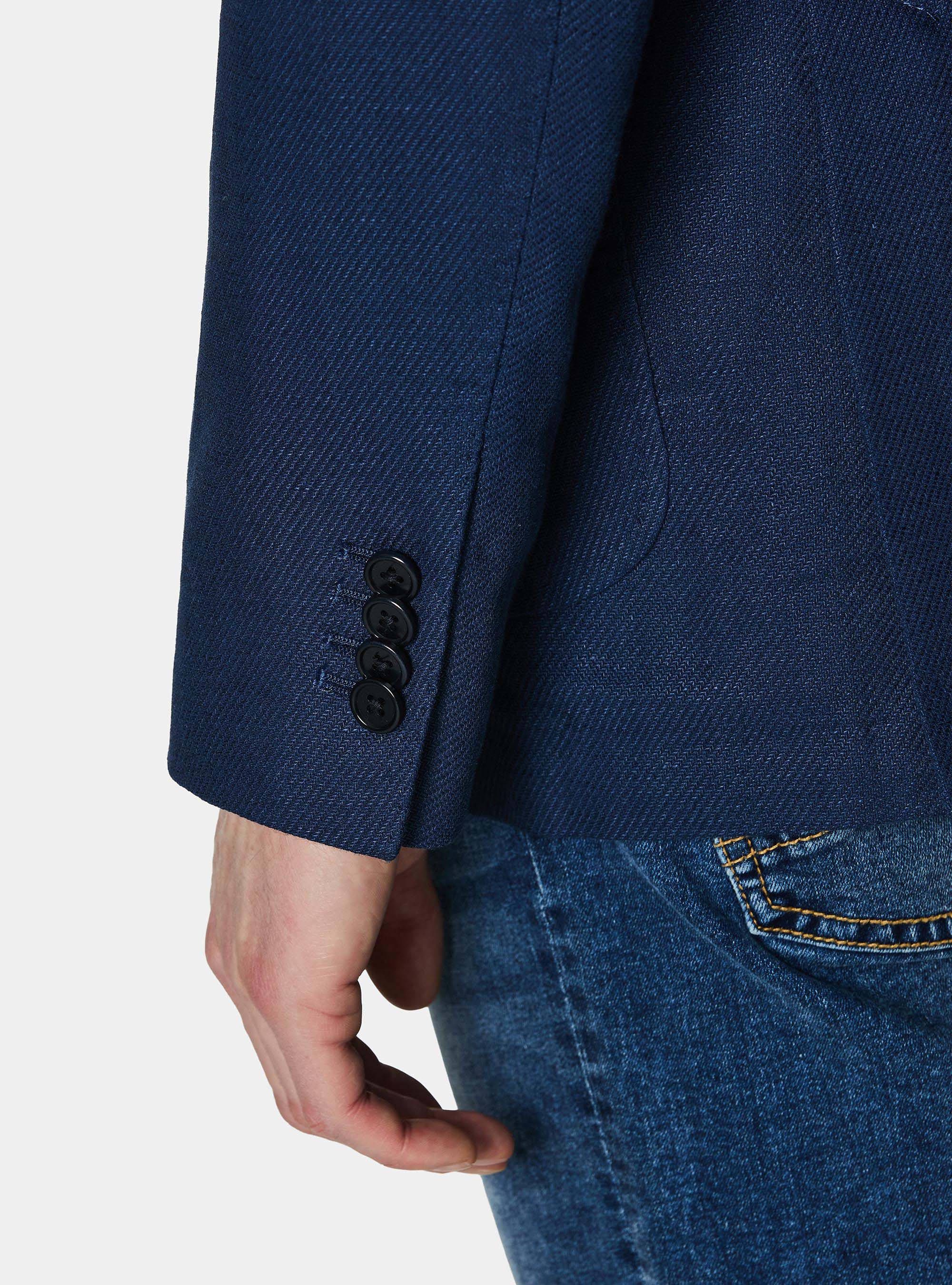 Blazer in cotton and slubbed linen, NAVY BLUE