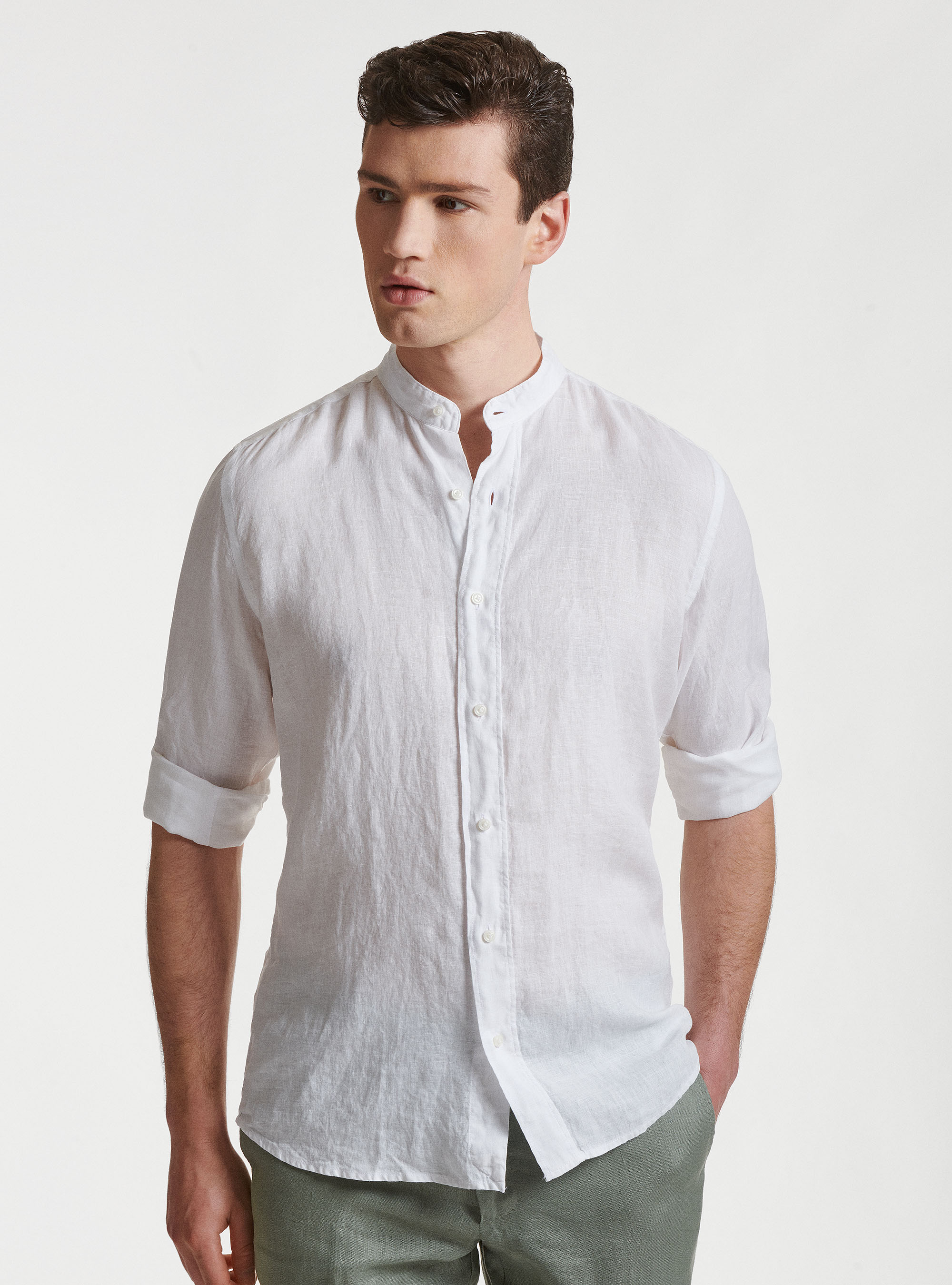 Pure linen Korean collar shirt, WHITE