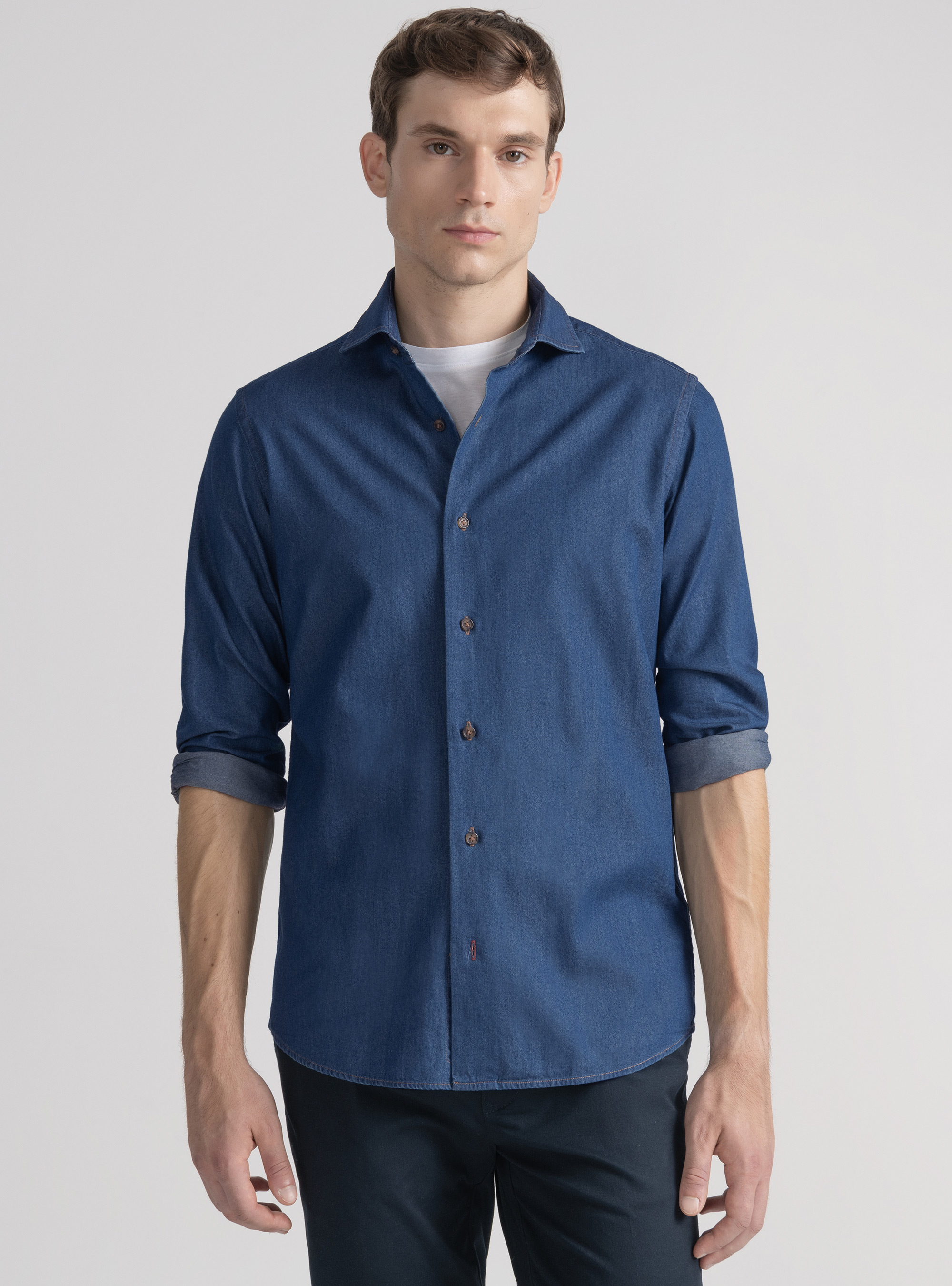 Cotton chambray shirt, NAVY BLUE