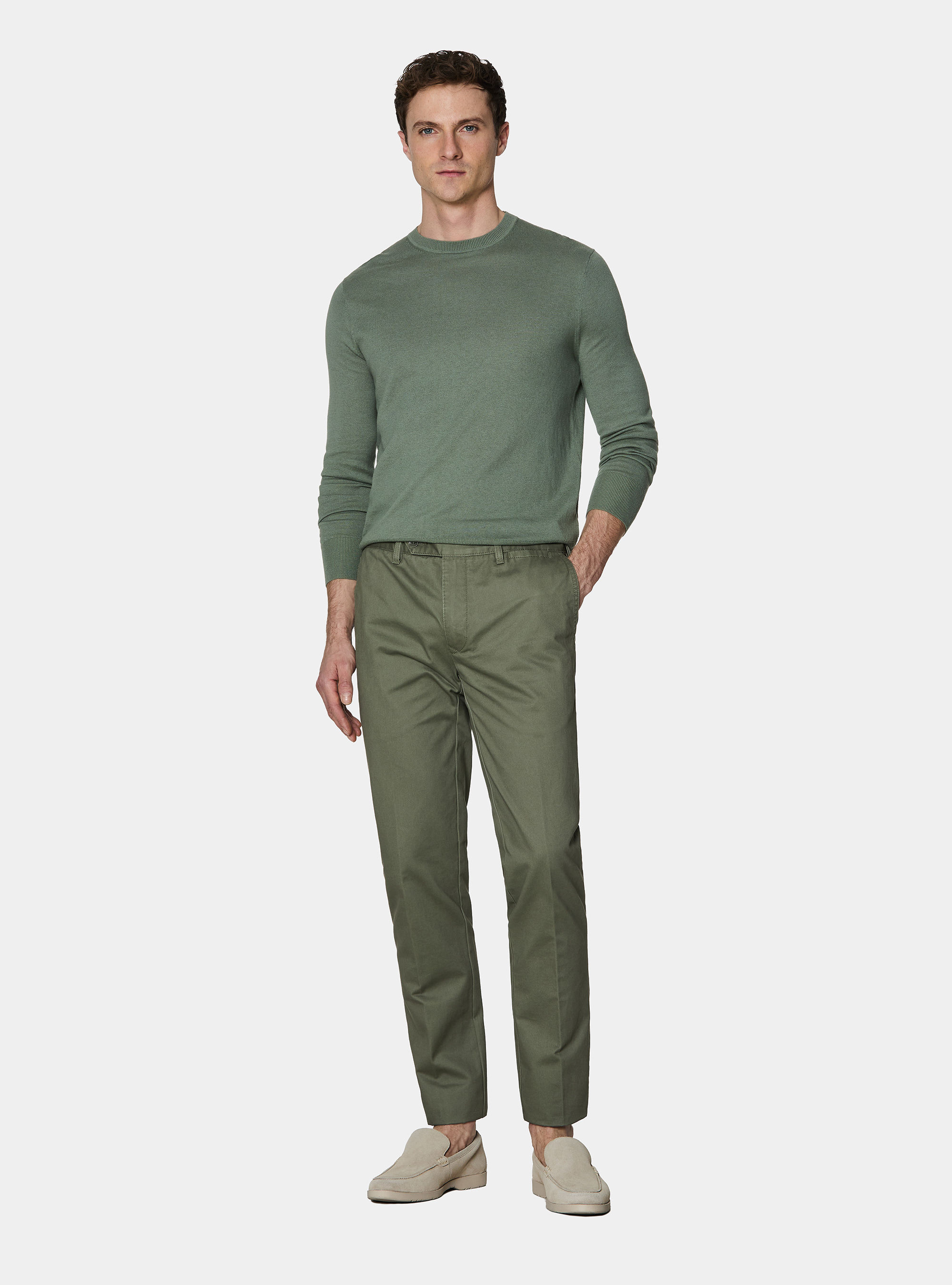 Rundhals-Pullover aus Baumwolle, Seide und Kaschmir, VERDE SALVIA 0604C