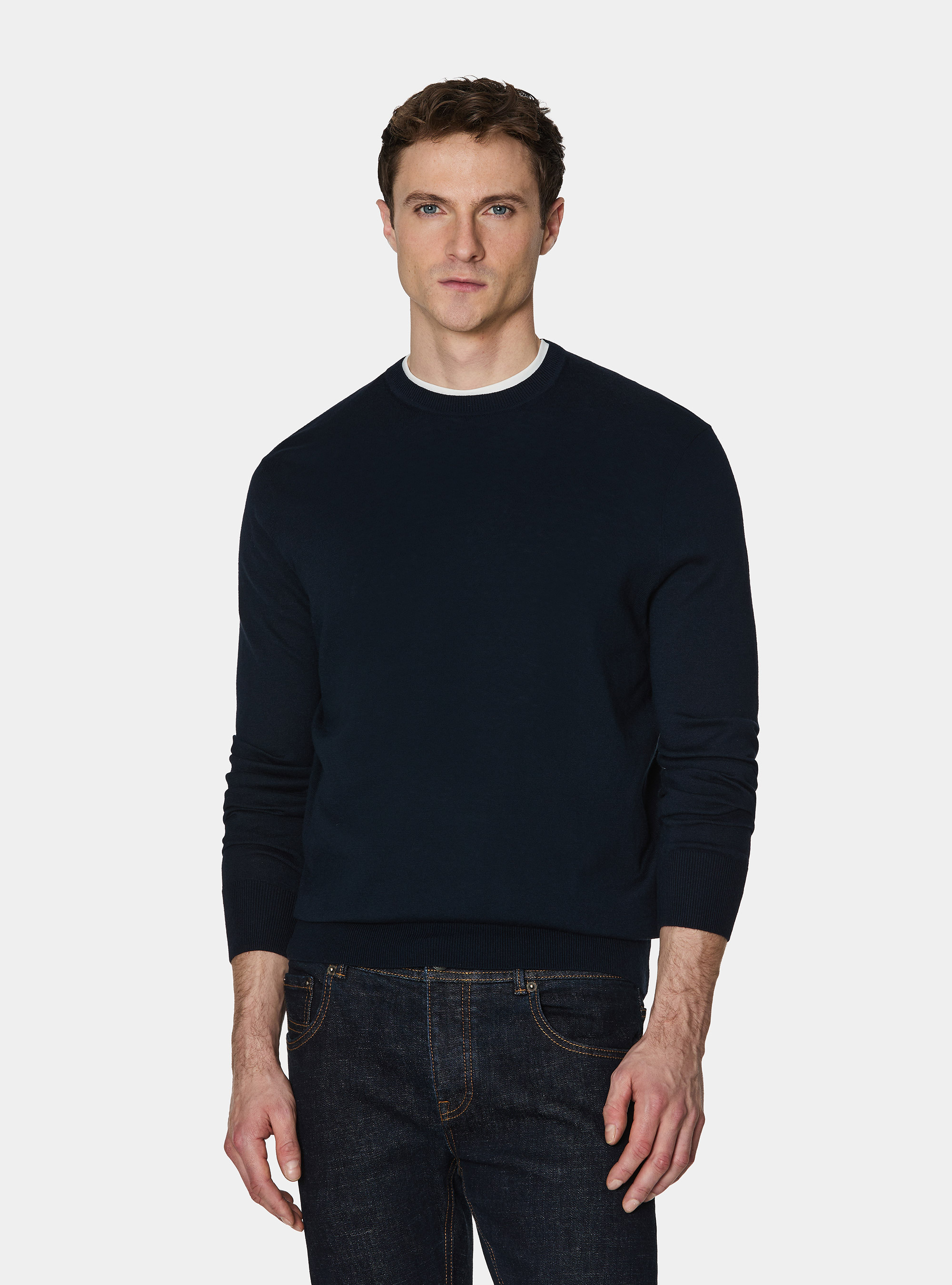 Cotton silk and cashmere crew neck sweater, NAVY BLUE