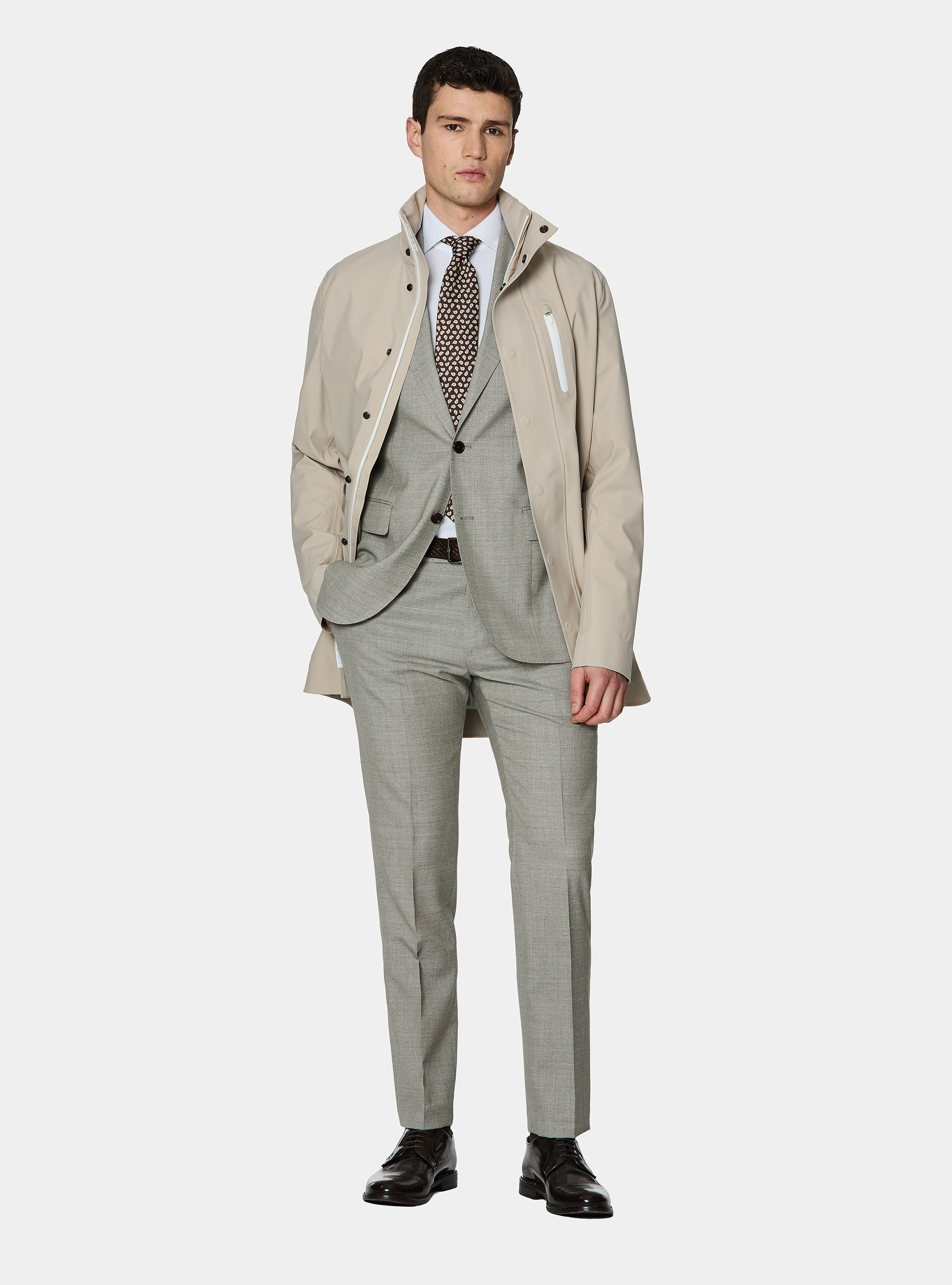 GT01 long jacket in technical fabric, ECRU