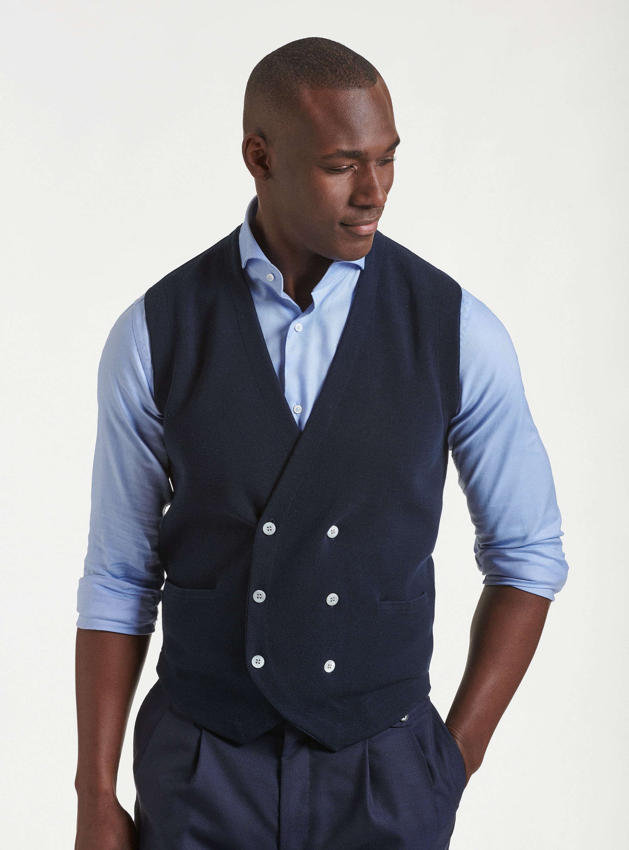 Pure cotton knitted double-breasted waistcoat, NAVY BLUE