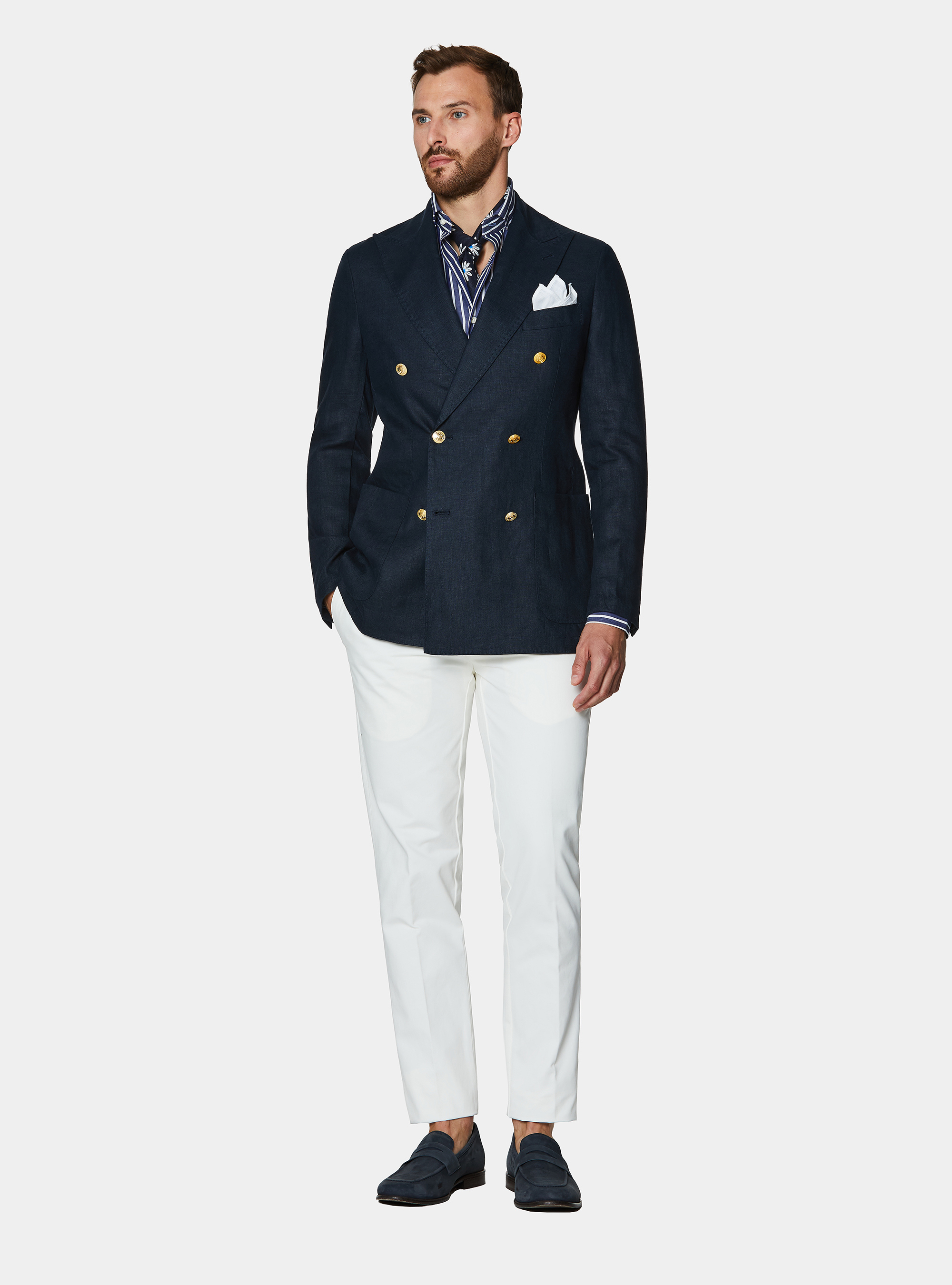 Veste crois&eacute;e en lin avec bouton m&eacute;tallique, BLEU MARINE