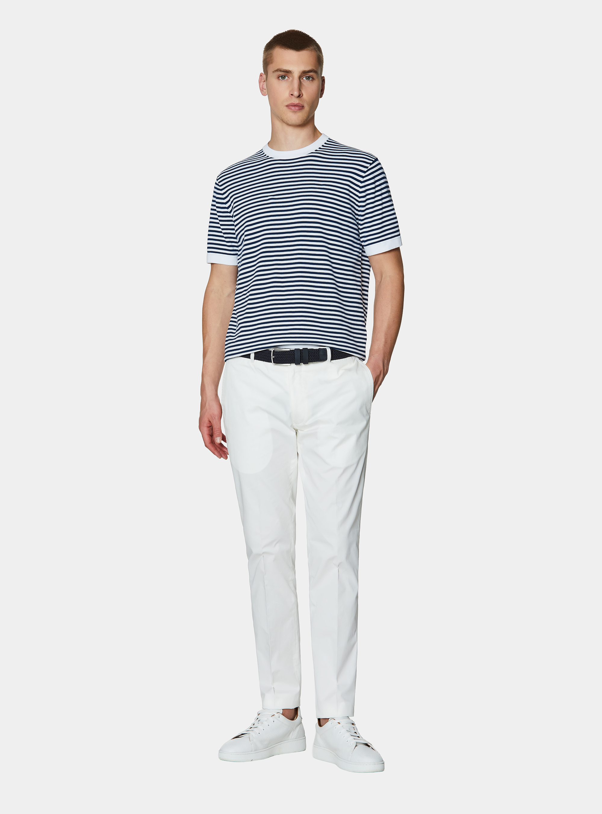 Cotton striped crew neck sweater, WHITE