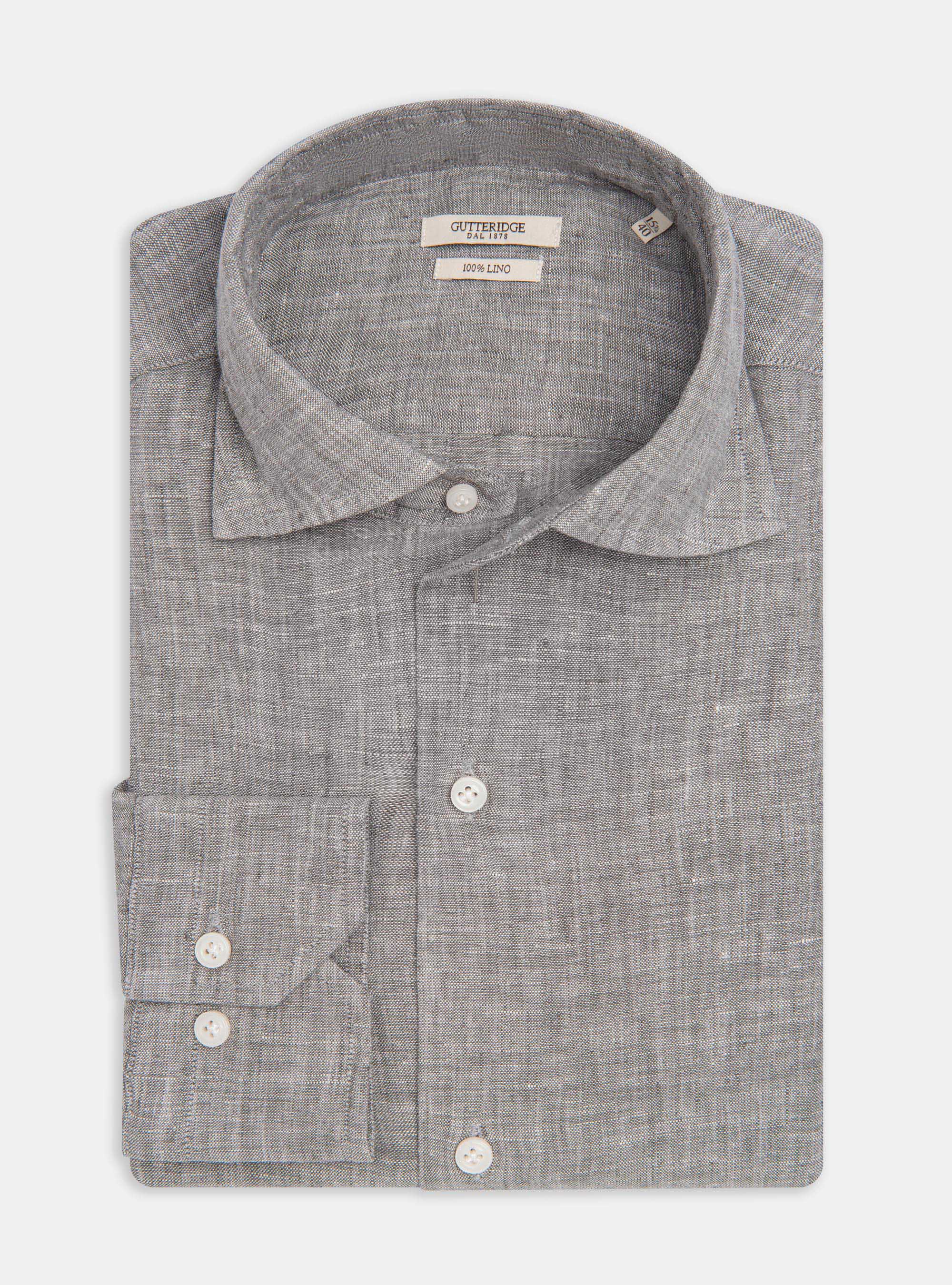 Camisa de lino puro con cuello semifranc&eacute;s, GRIS CLARO JASPEADO