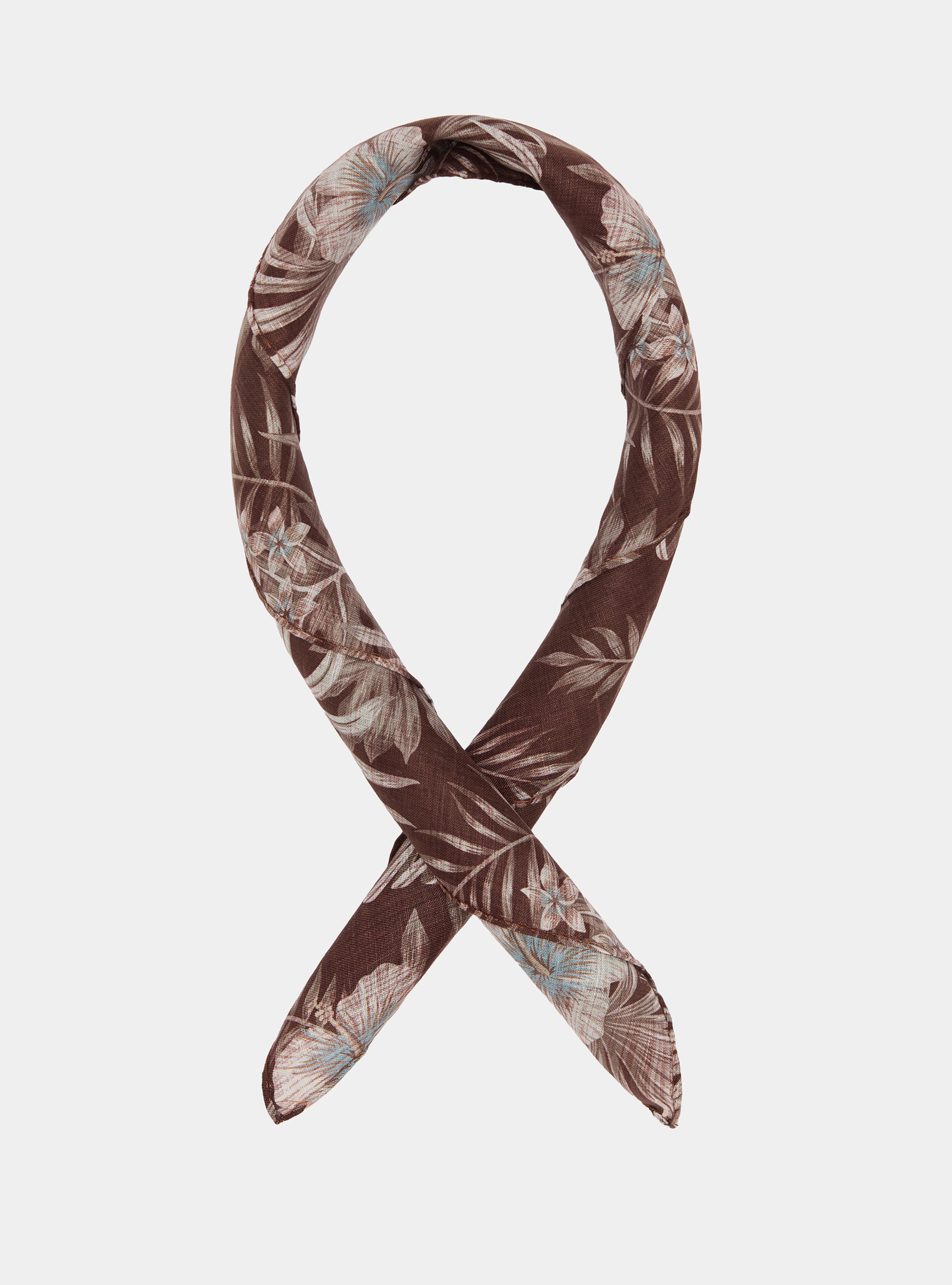 Foulard en lin imprim&eacute; fleurs, MARRON