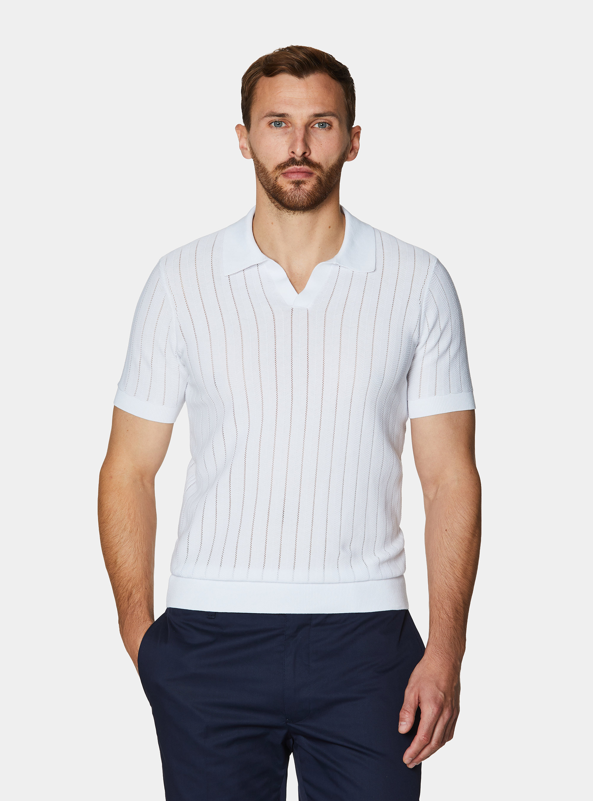 Polo perforado de algod&oacute;n a rayas, BLANCO