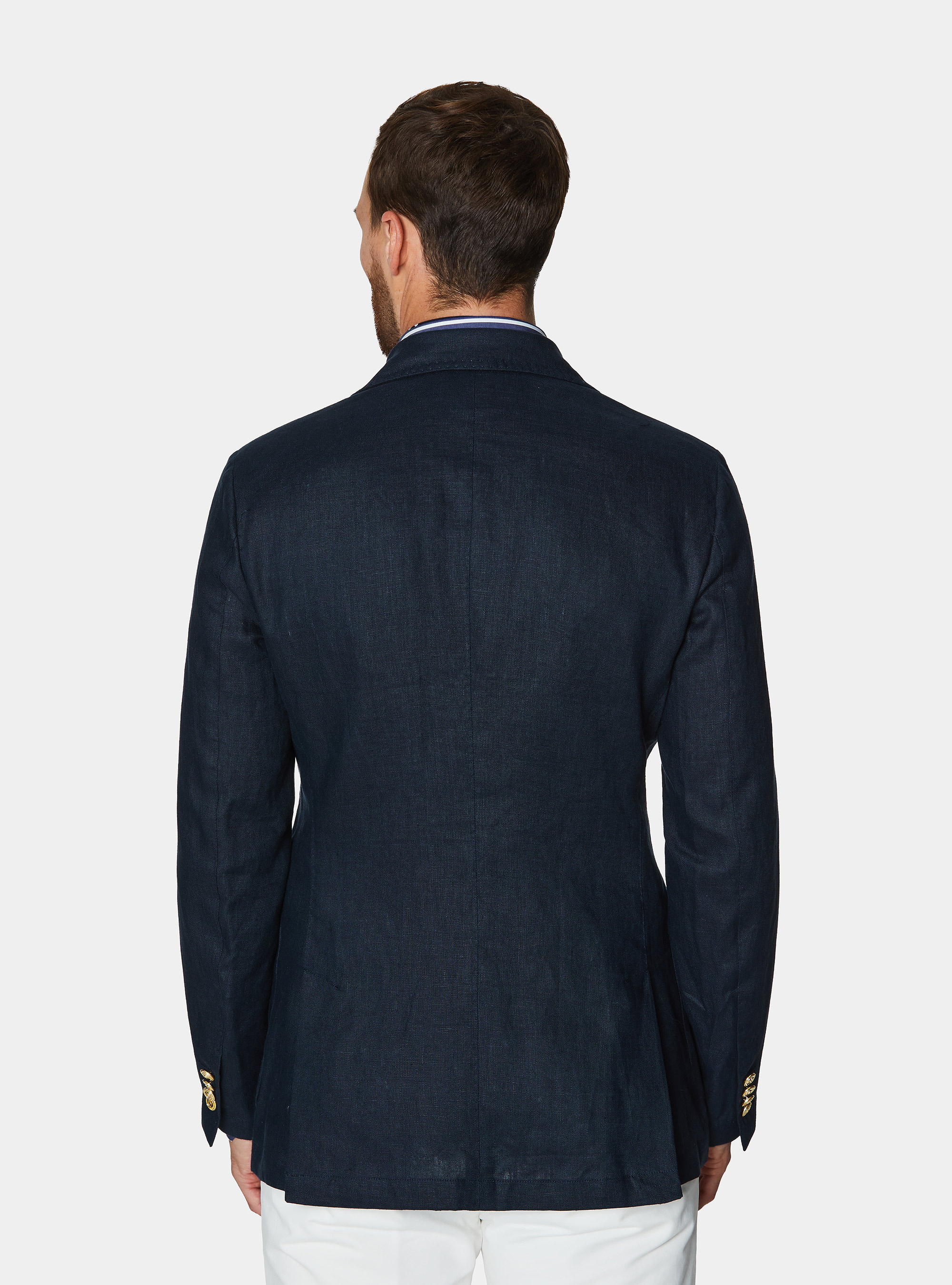 Veste crois&eacute;e en lin avec bouton m&eacute;tallique, BLEU MARINE