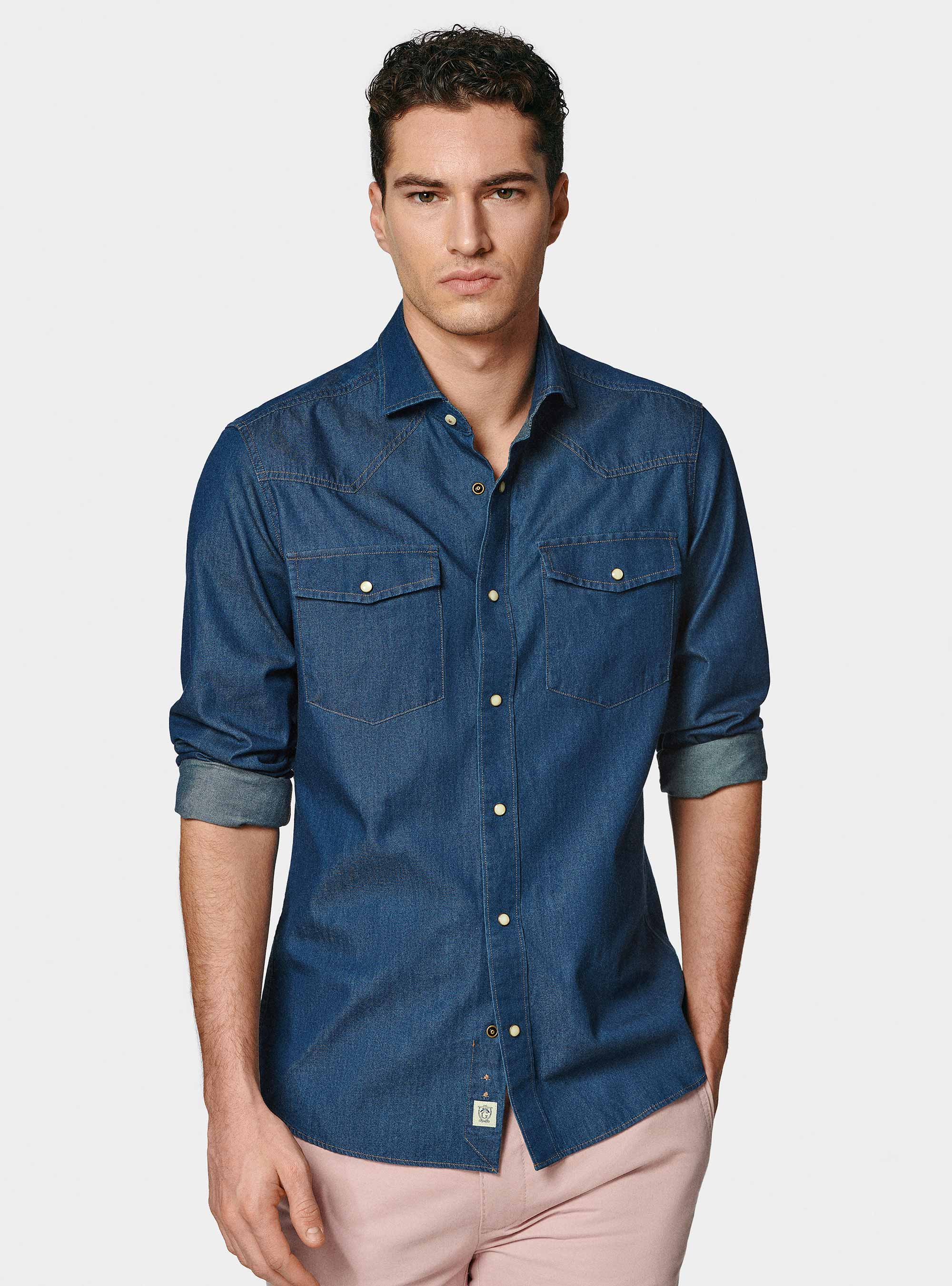 Cotton chambray western shirt, NAVY BLUE