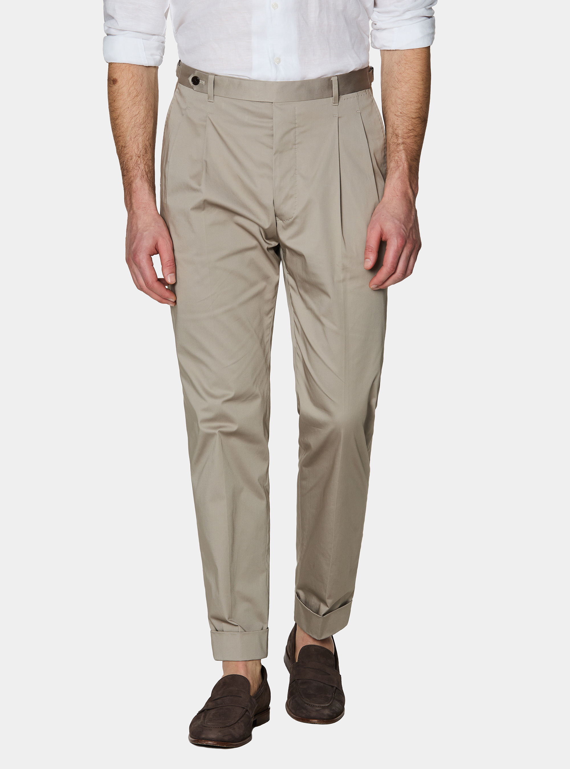 Stretch poplin cotton pleated trousers, SAND