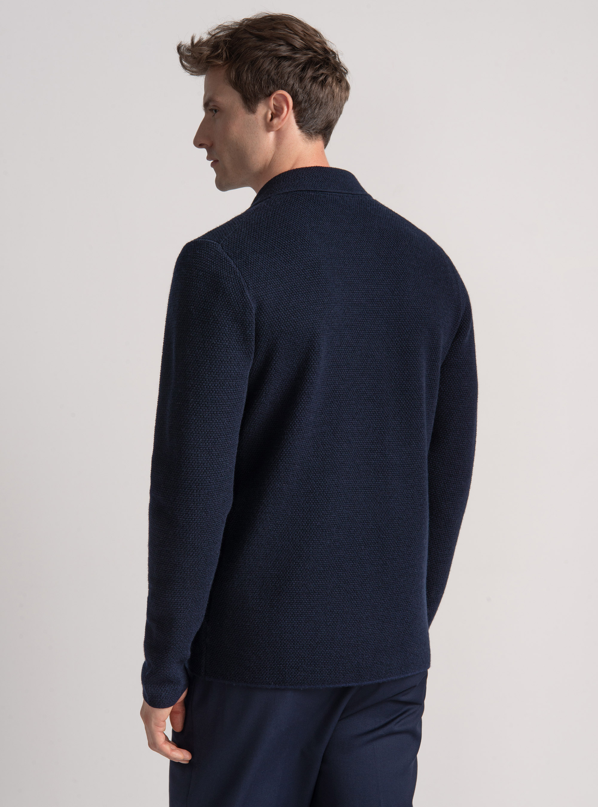 Merino wool double-breasted knitted jacket, NAVY BLUE