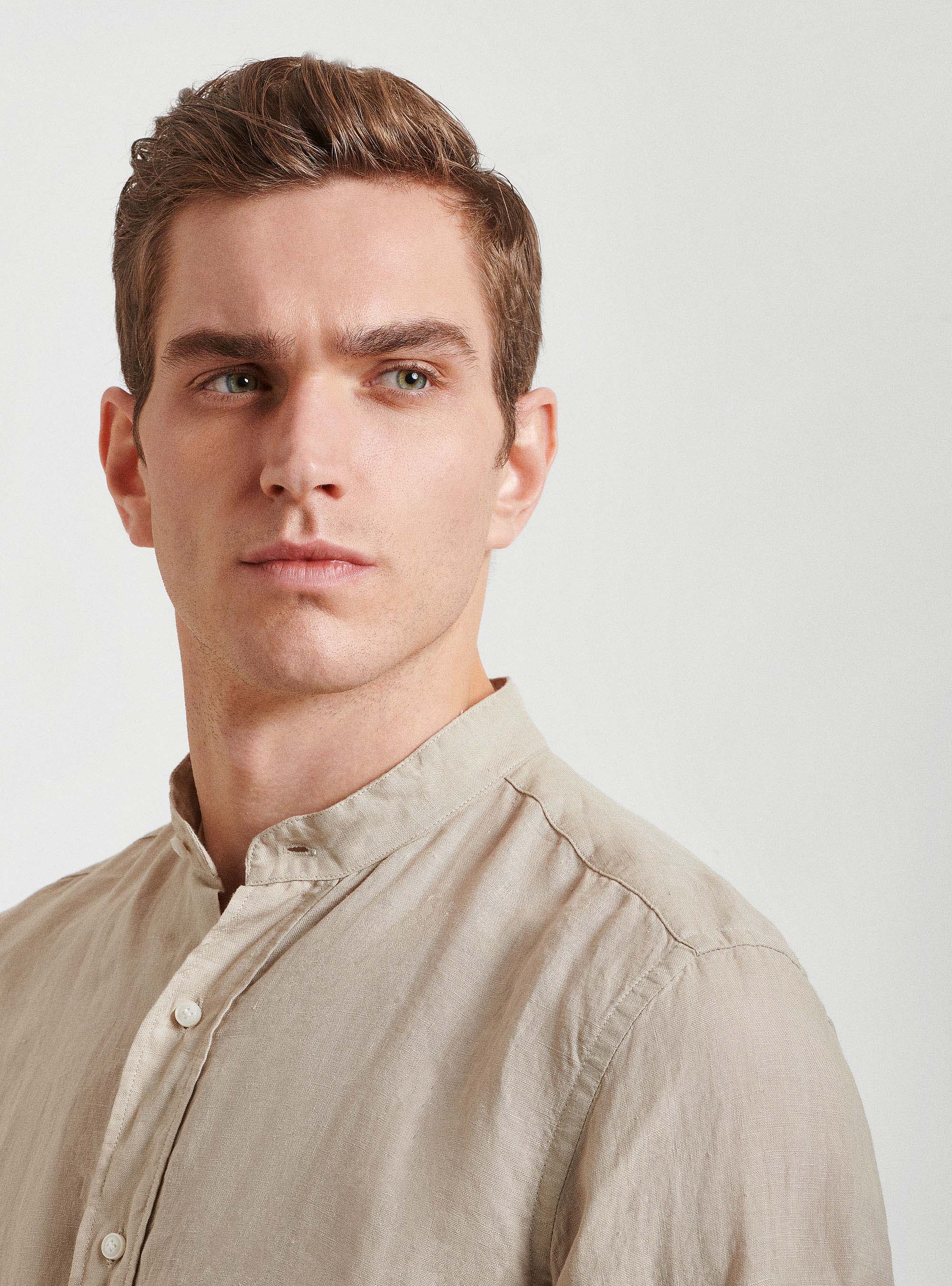 Camicia collo coreano 100% lino, SABBIA