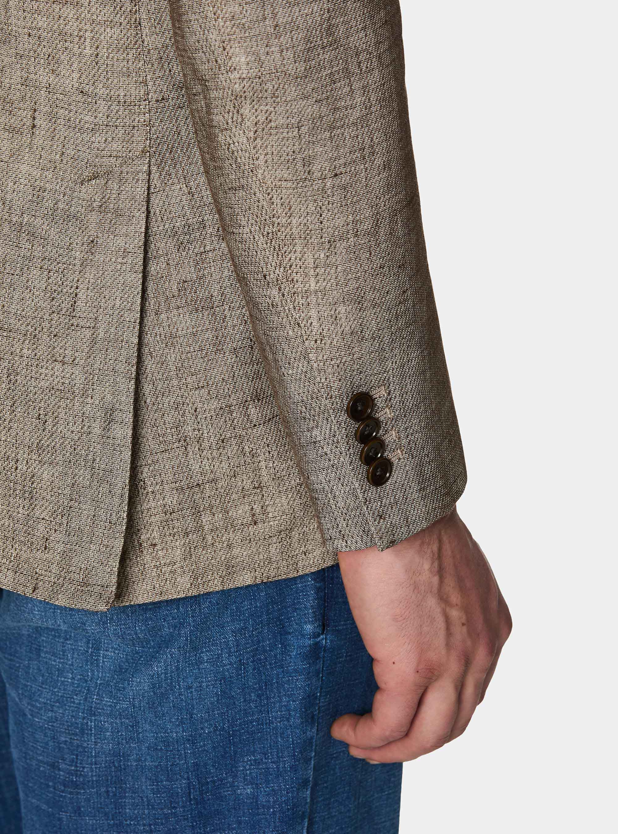 Blazer in cotton and slubbed linen, BROWN