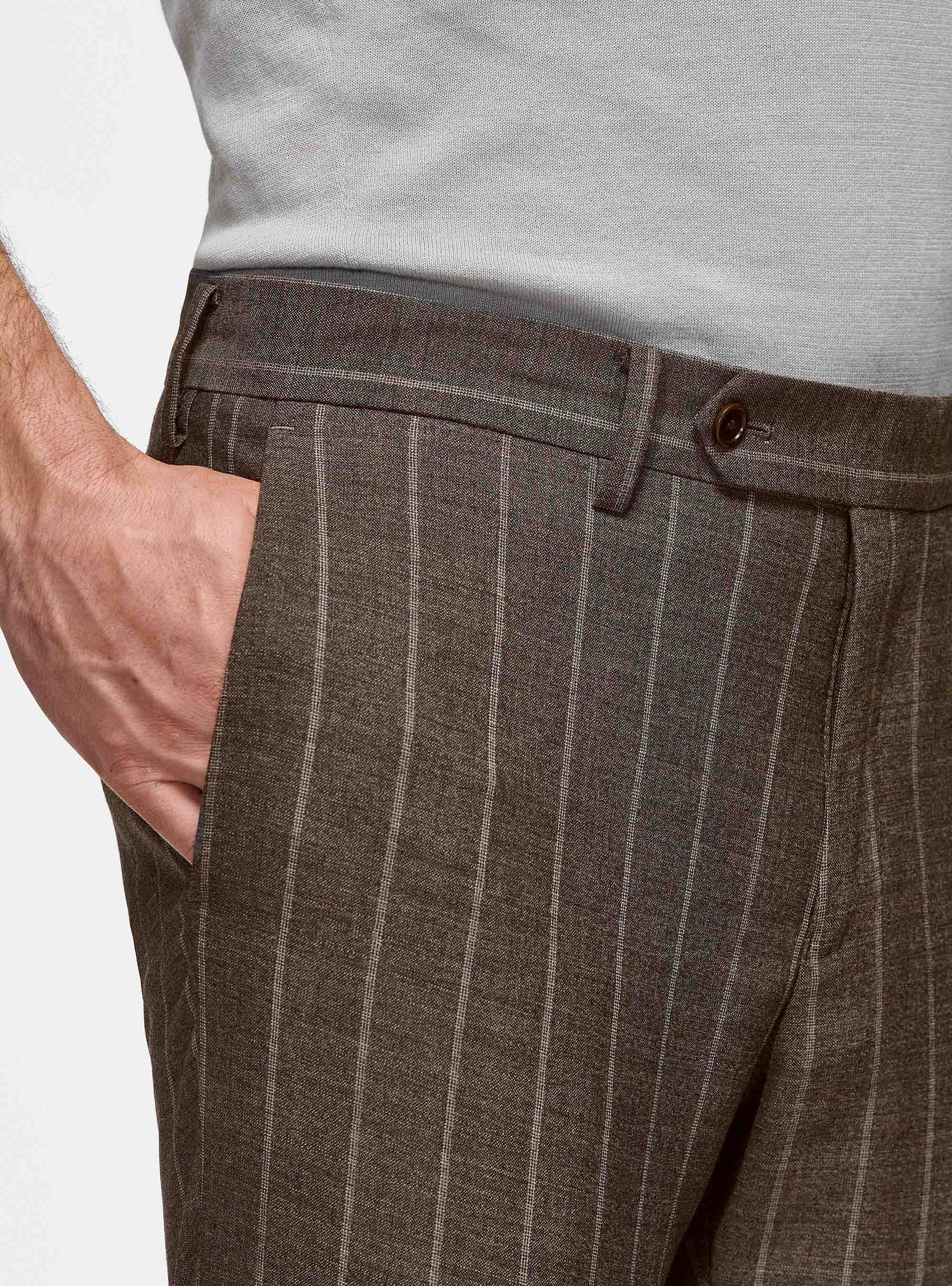 Pantaloni marroni in pura lana gessata, FANGO