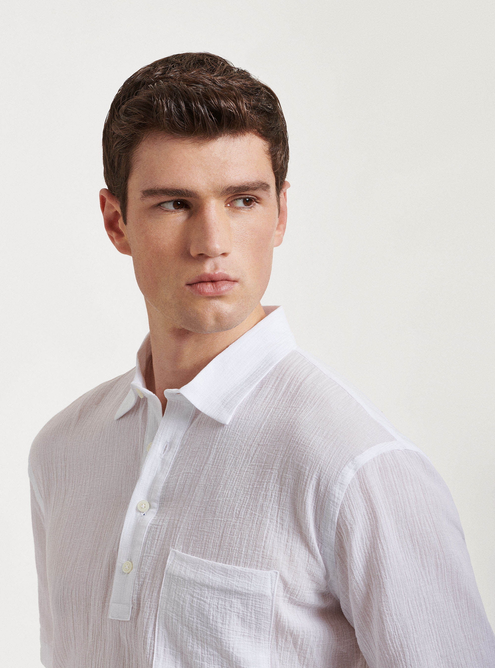 Polo mezza manica in cotone crepe, BIANCO