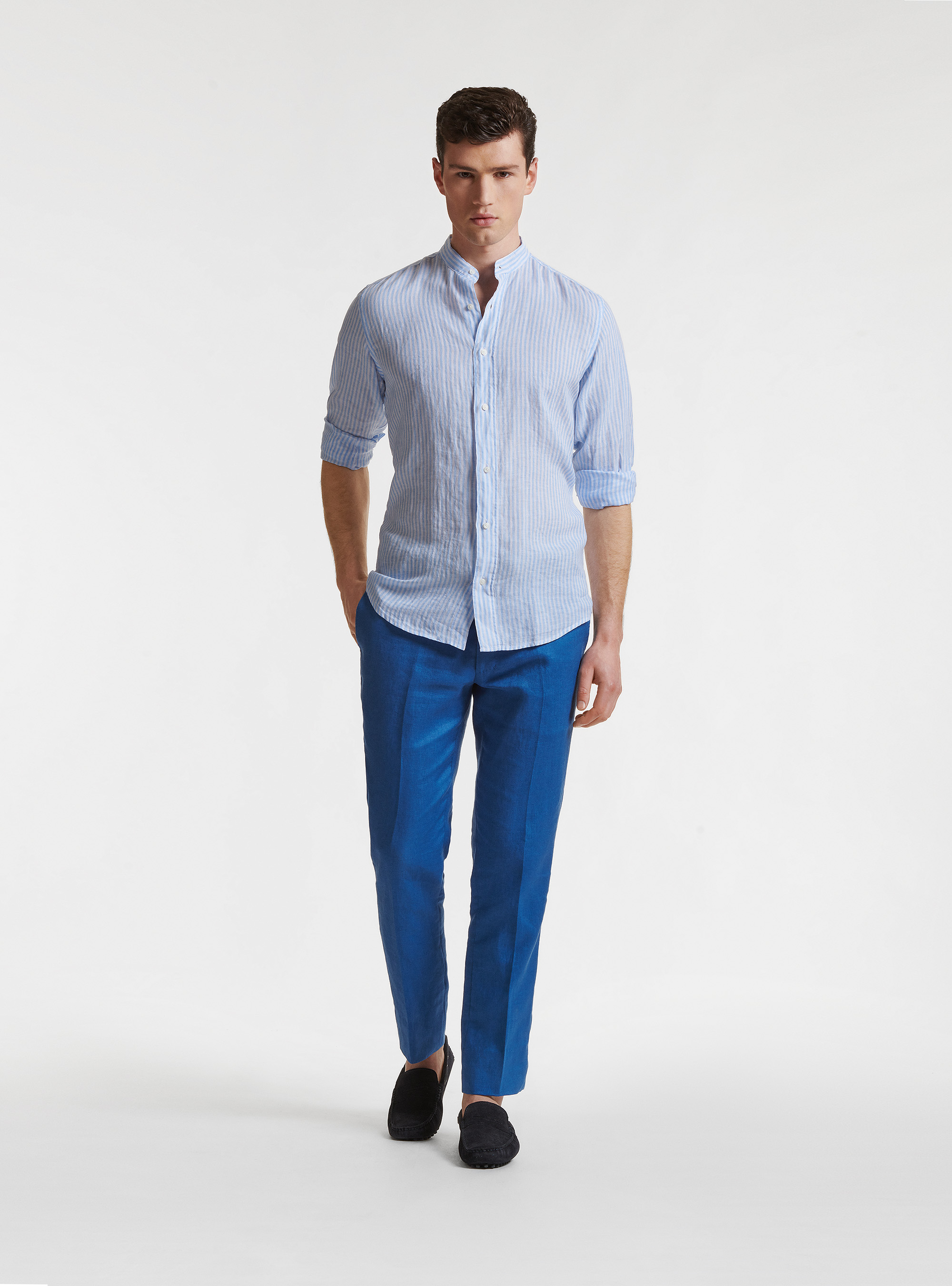 Camicia collo coreano in puro lino rigato, AZZURRO