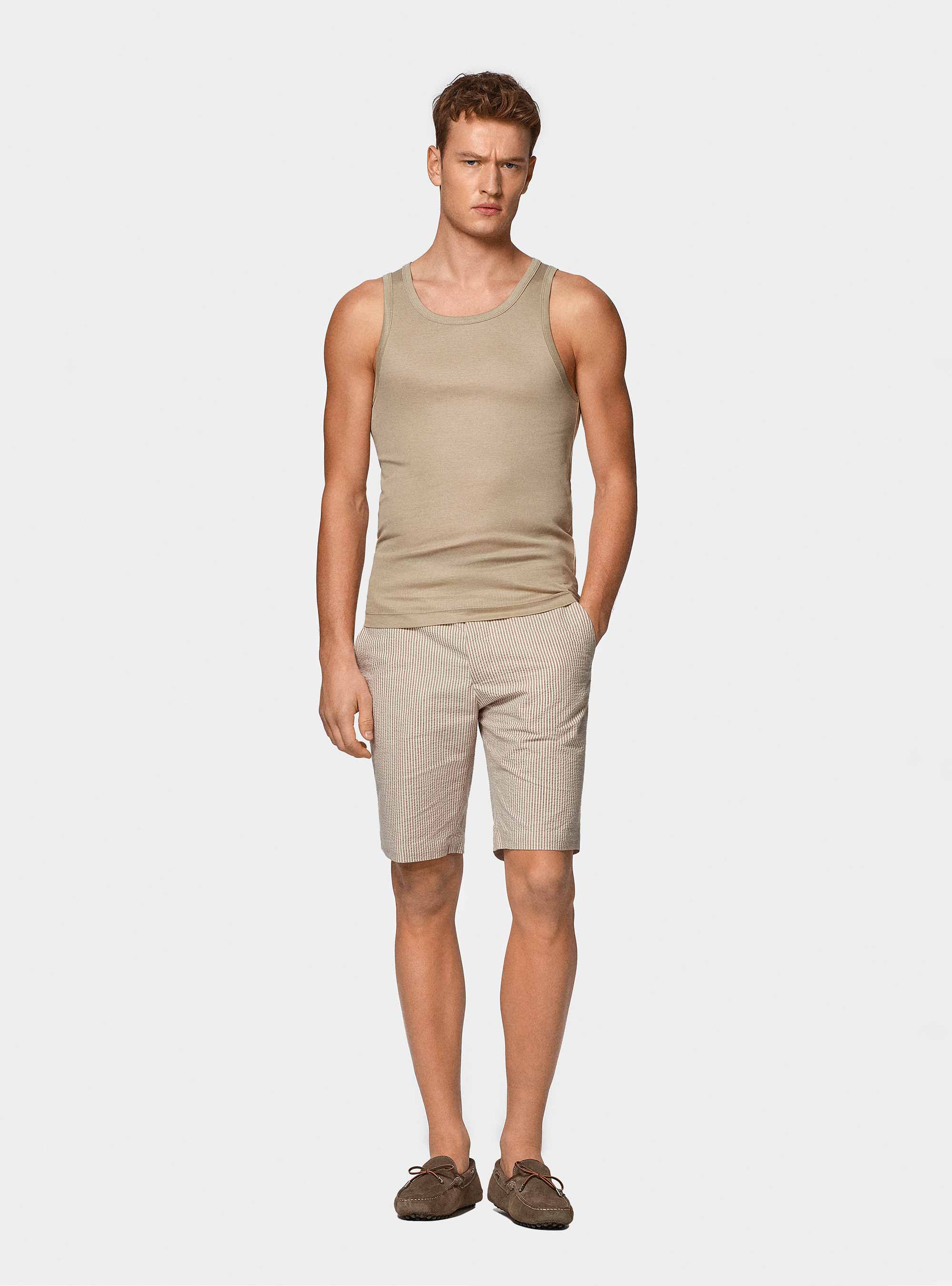 Stretch cotton seersucker shorts, SAND