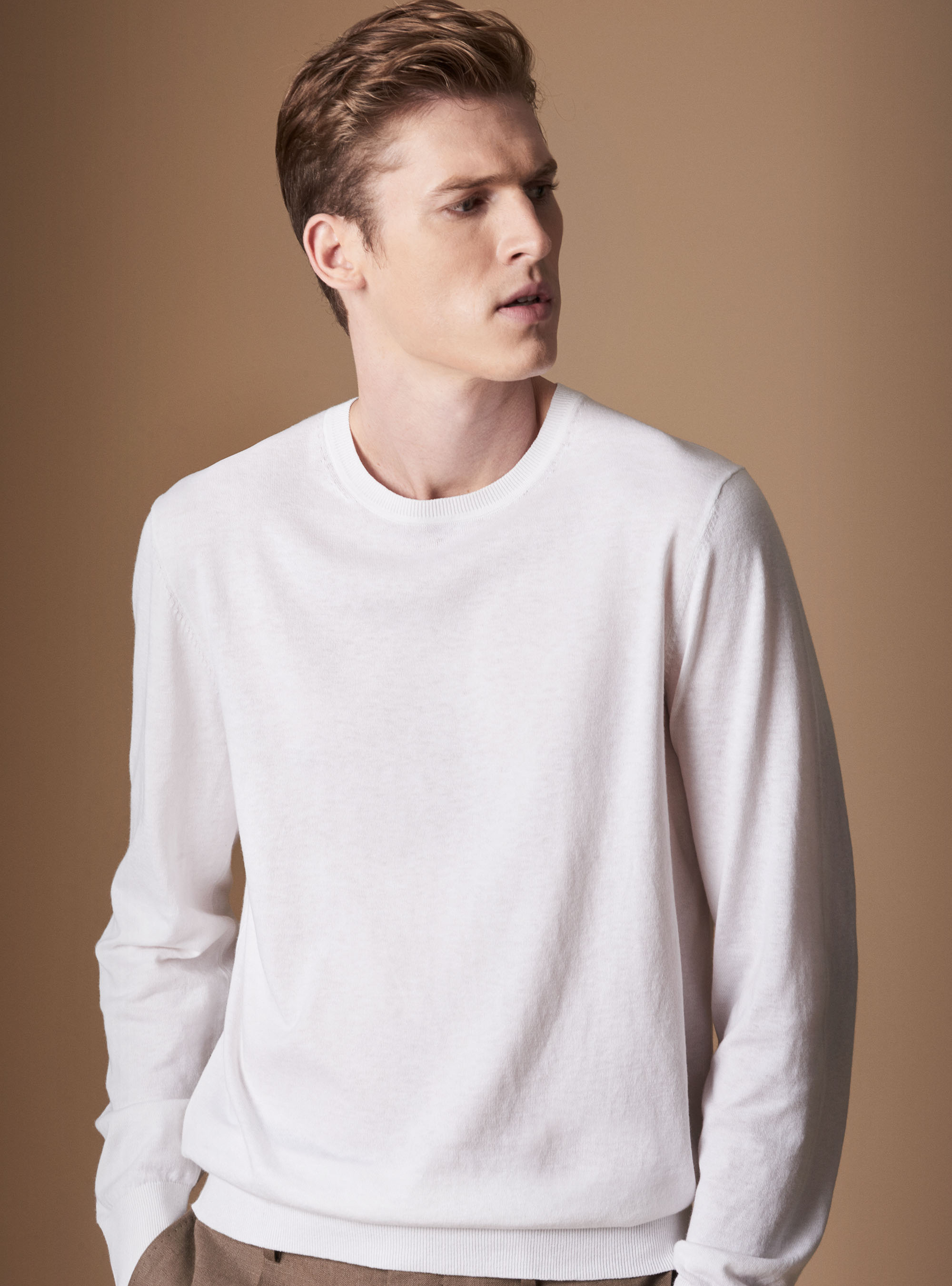 Pull col rond basique en soie de coton et cachemire, BLANC