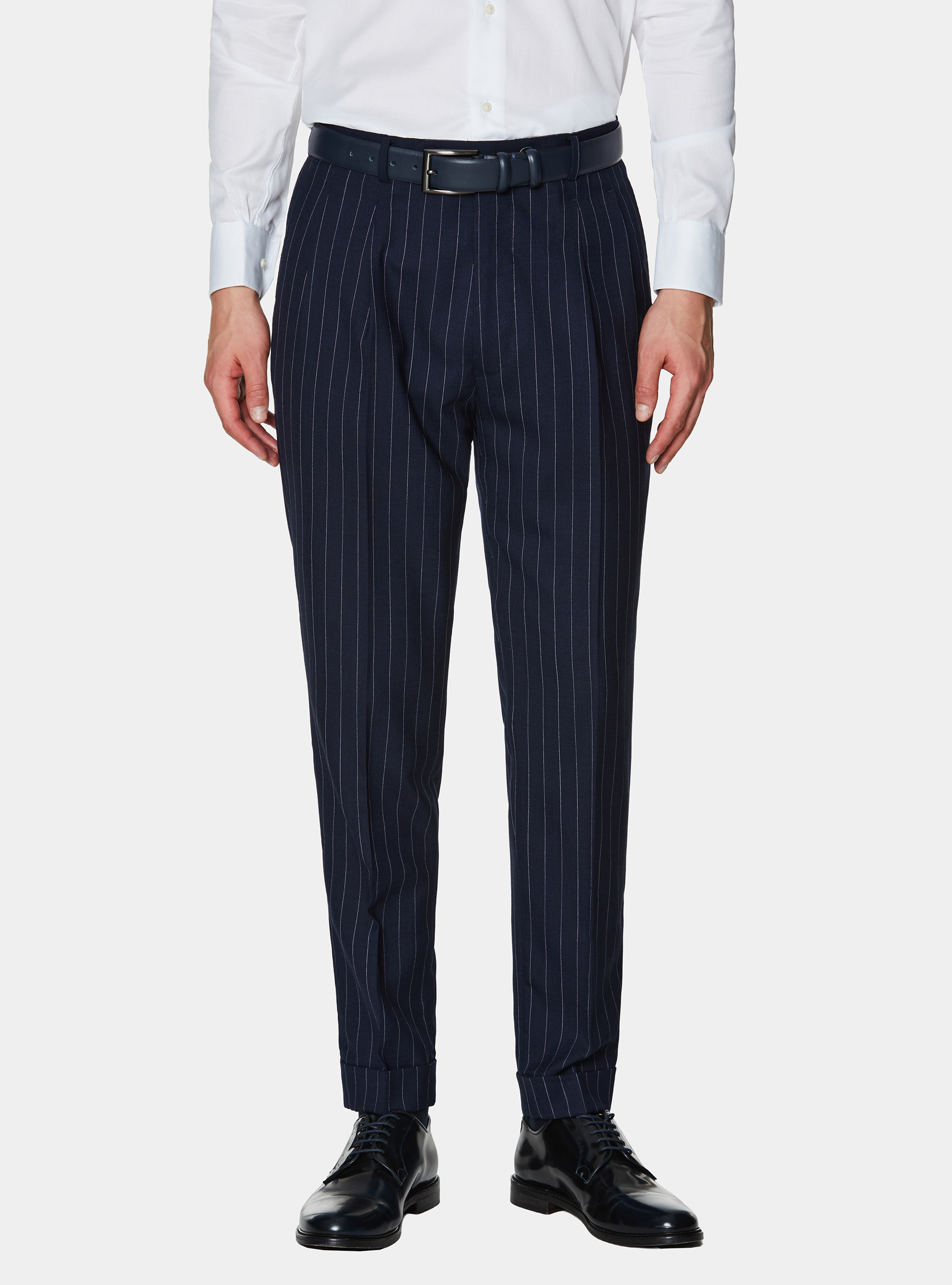 Double-breasted pinstriped wool suit trousers, NAVY BLUE