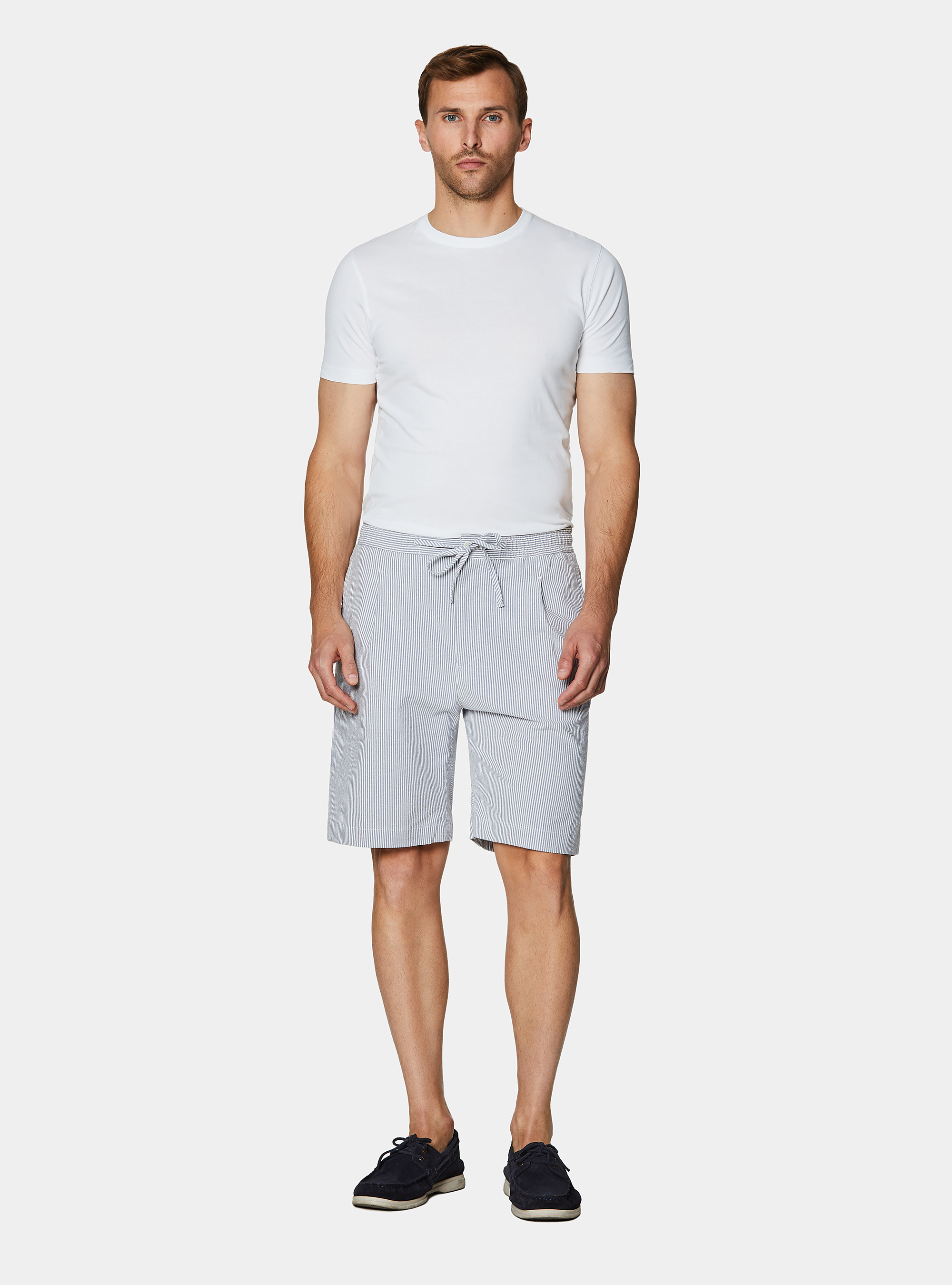 Stretch seersucker cotton Bermuda shorts with drawstring, BLUE