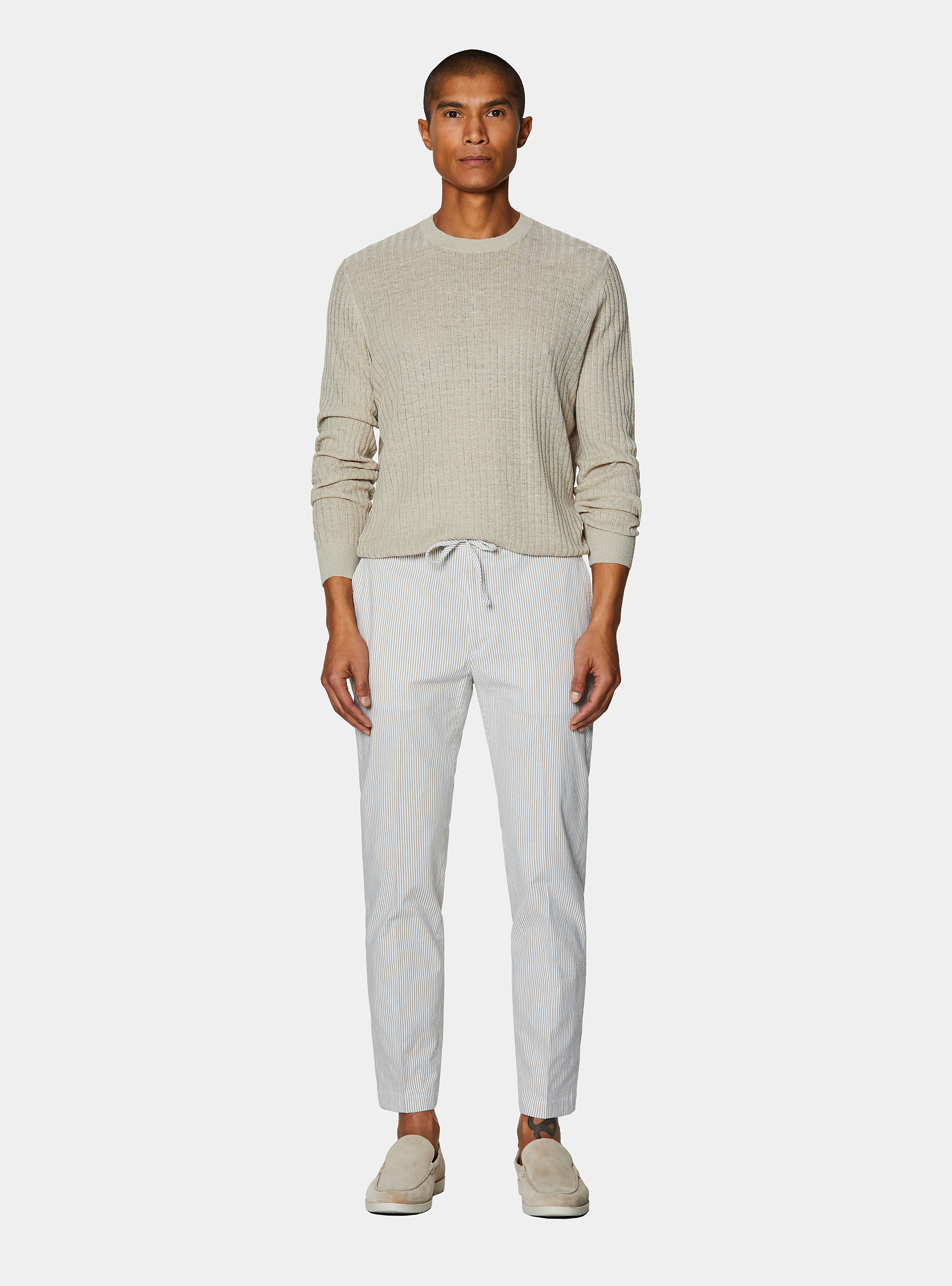 Pure linen ribbed crew neck sweater, SAND