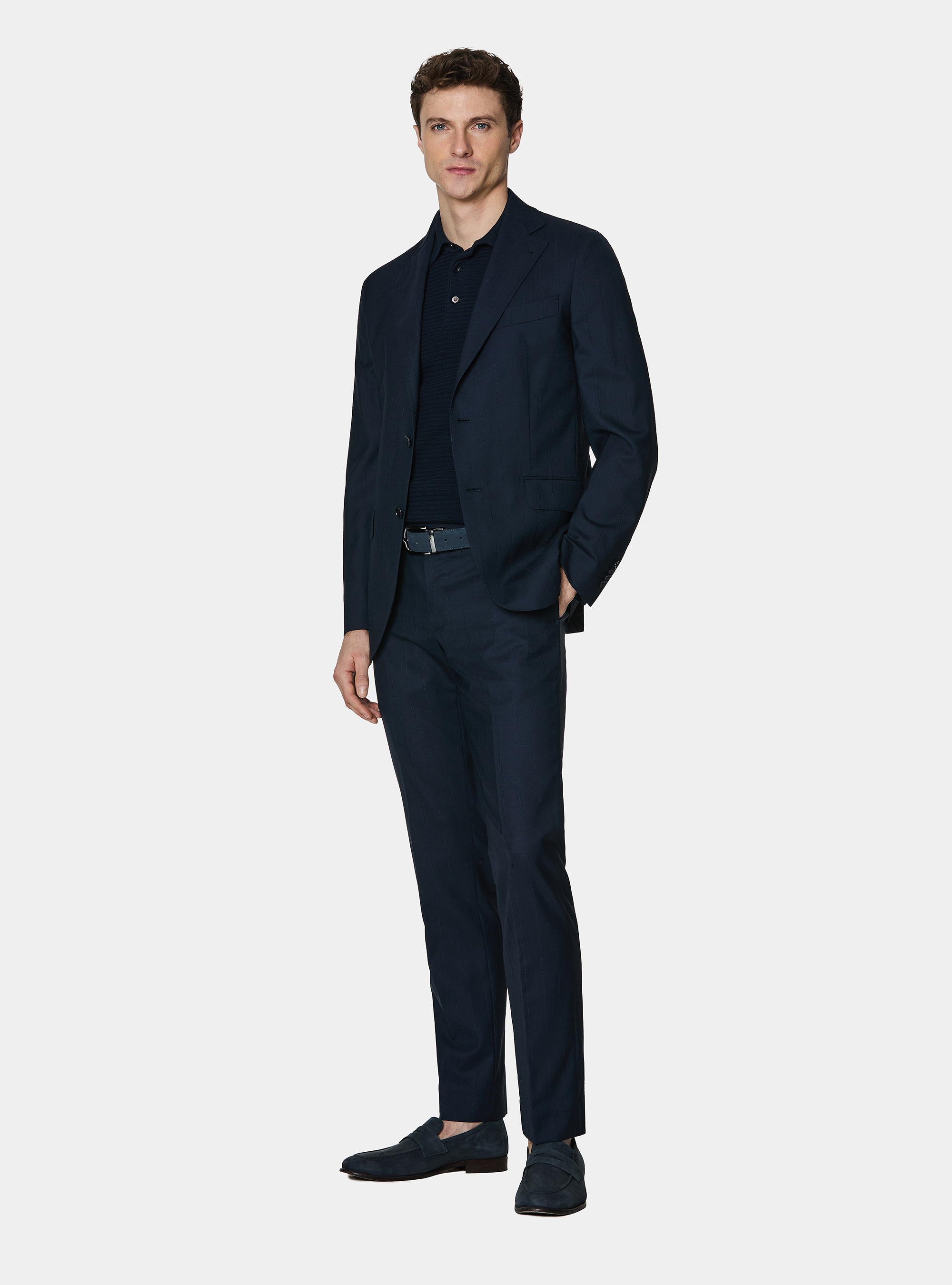 100% wool pinstripe suit trousers, NAVY BLUE