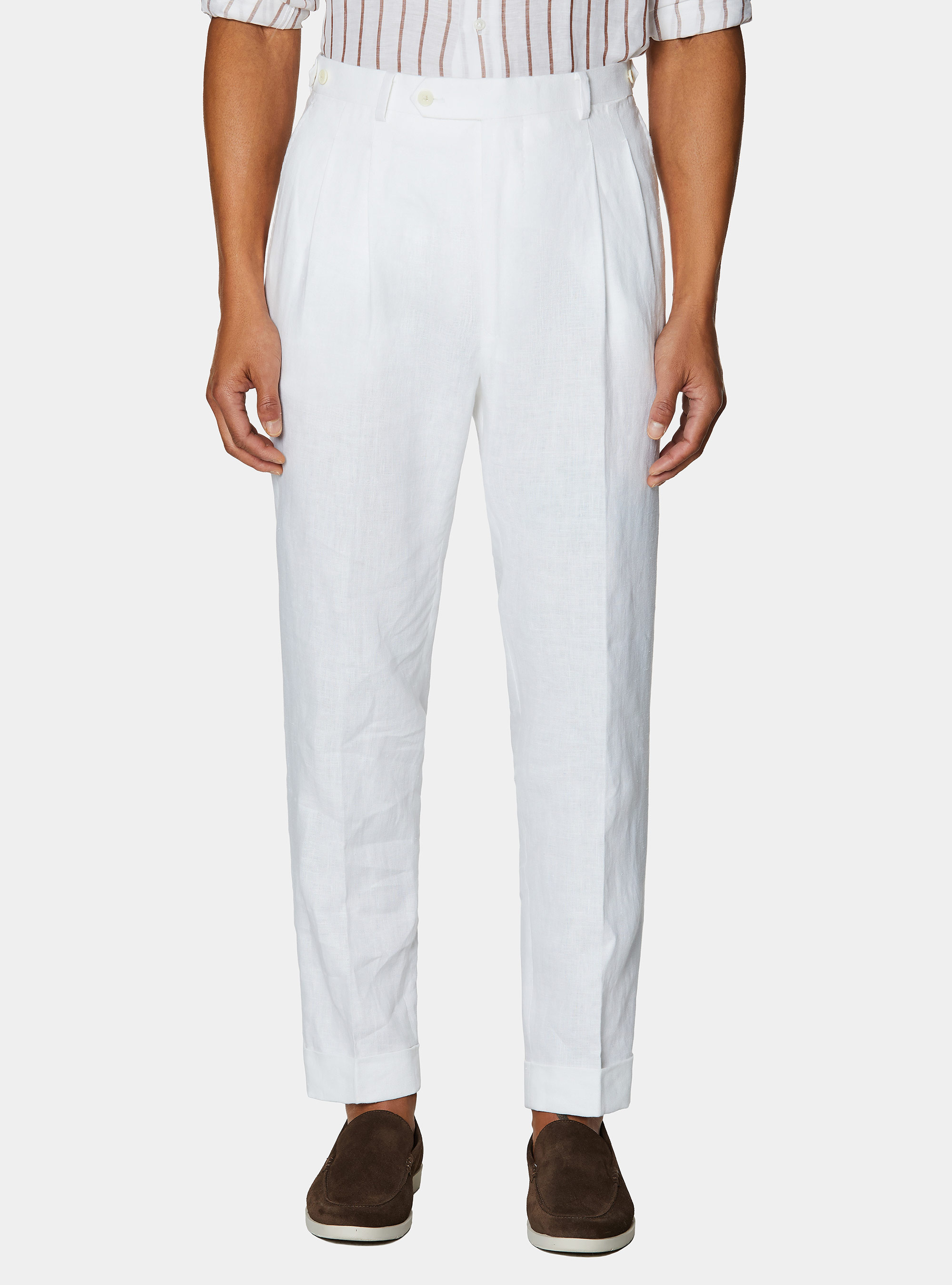 Pantal&oacute;n de lino puro con doble pinza, BLANCO
