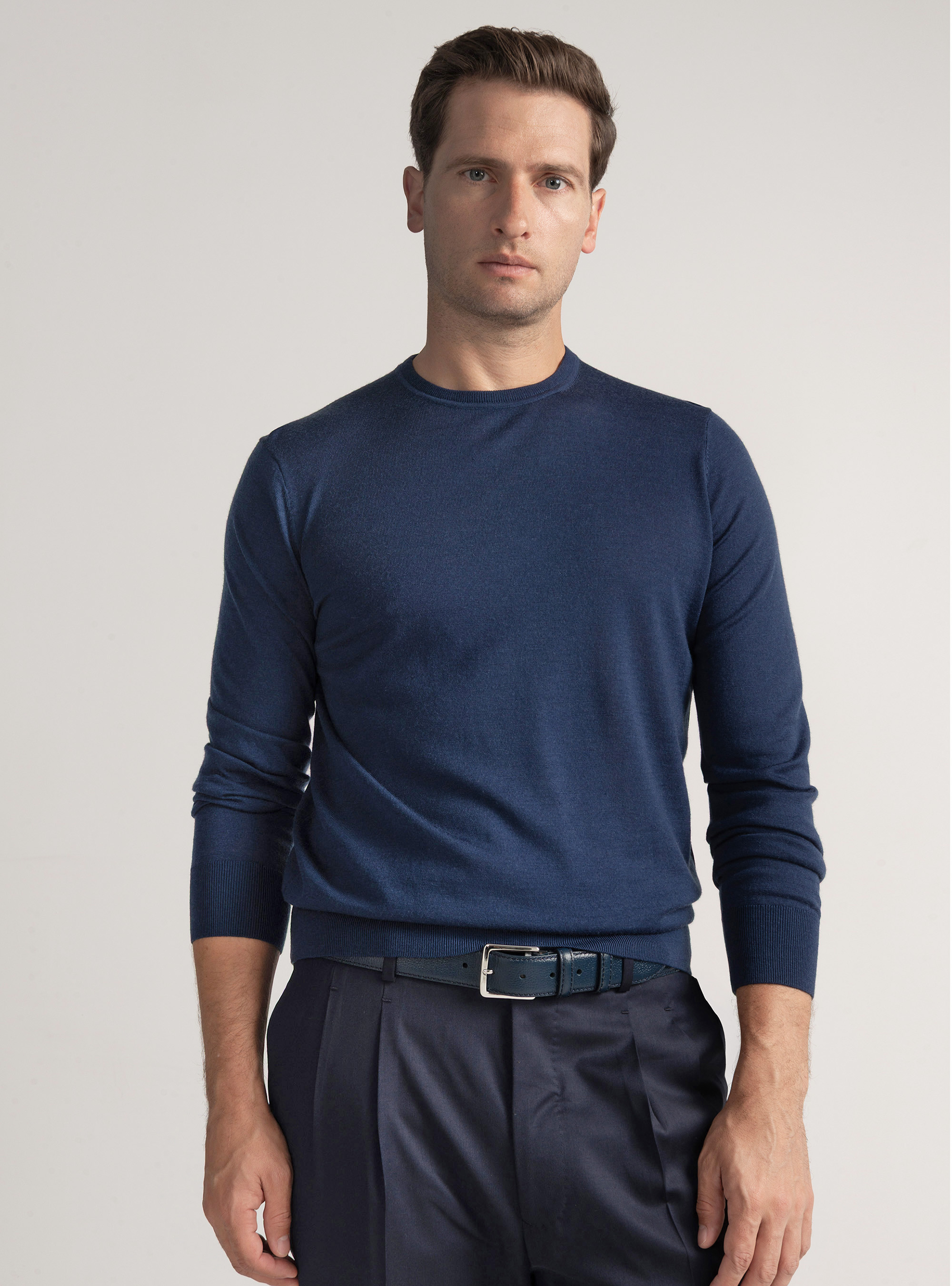 Crew-neck sweater in pure extra-fine merino wool, INK