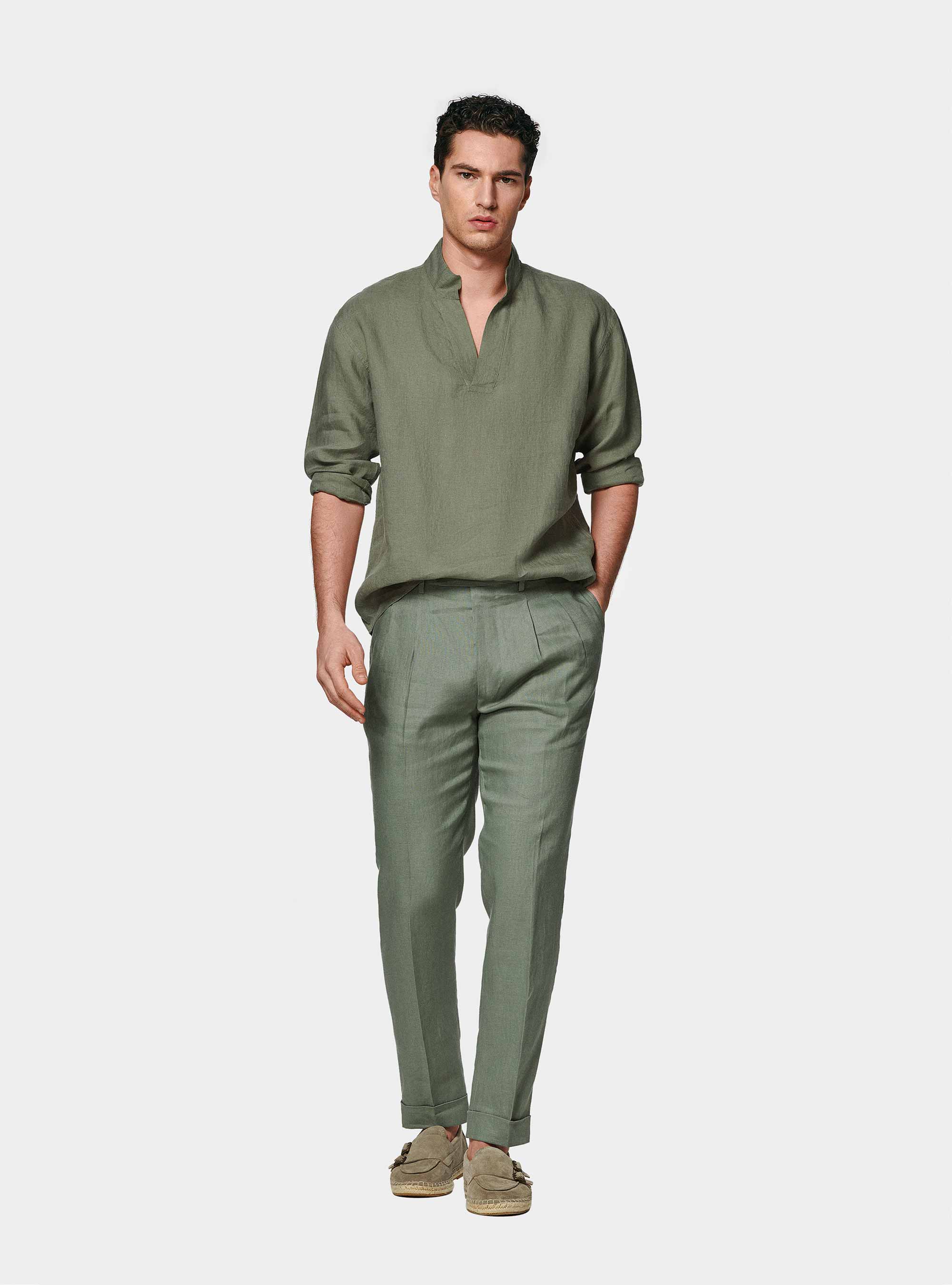 Camicia coreana in puro lino, SALVIA 0602C