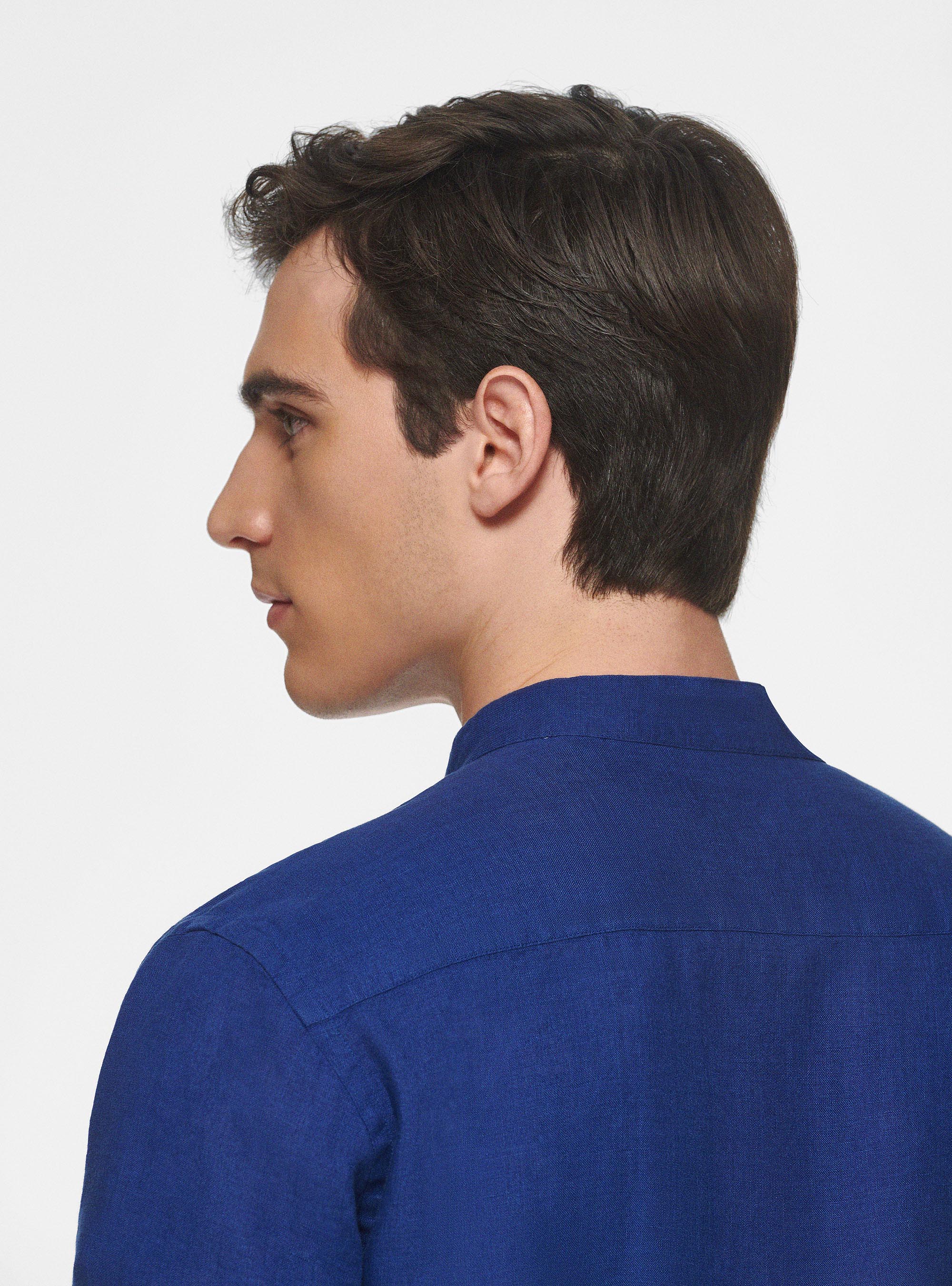 Camicia coreana in puro lino, BLU