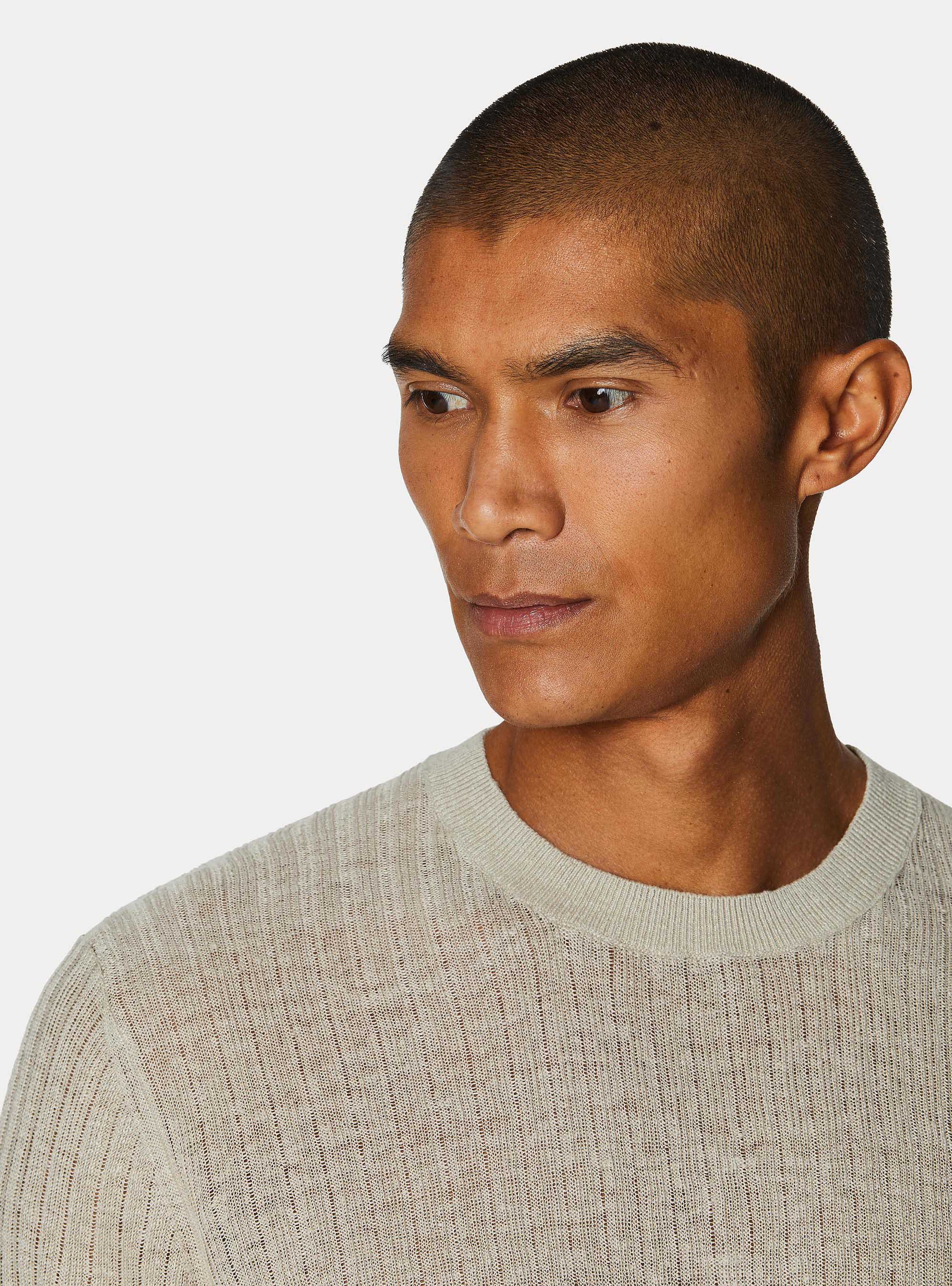 Pure linen ribbed crew neck sweater, SAND