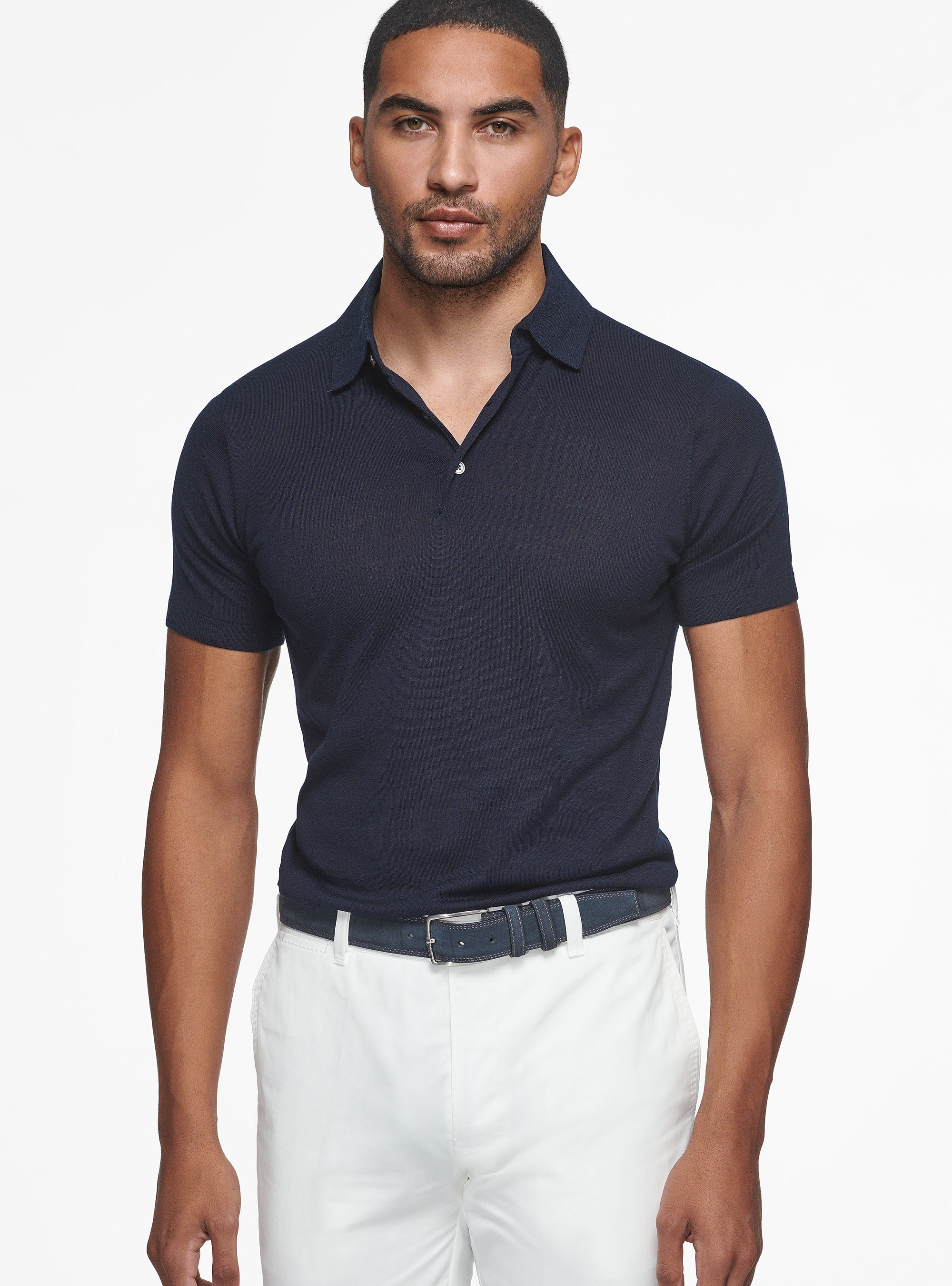 Polo de punto de algod&oacute;n y seda, AZUL MARINO