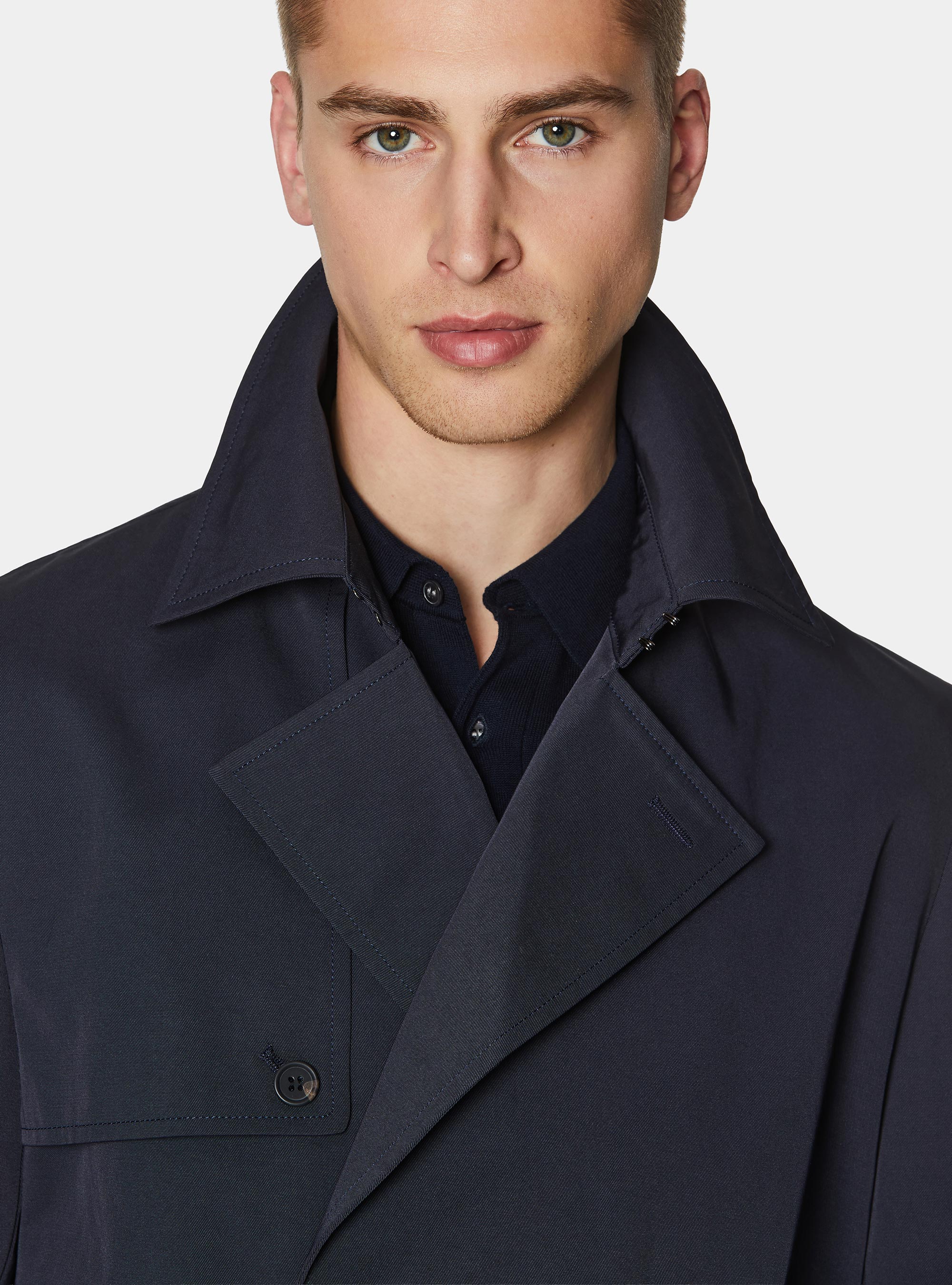 Double-breasted trench coat in cotton twill, NAVY BLUE