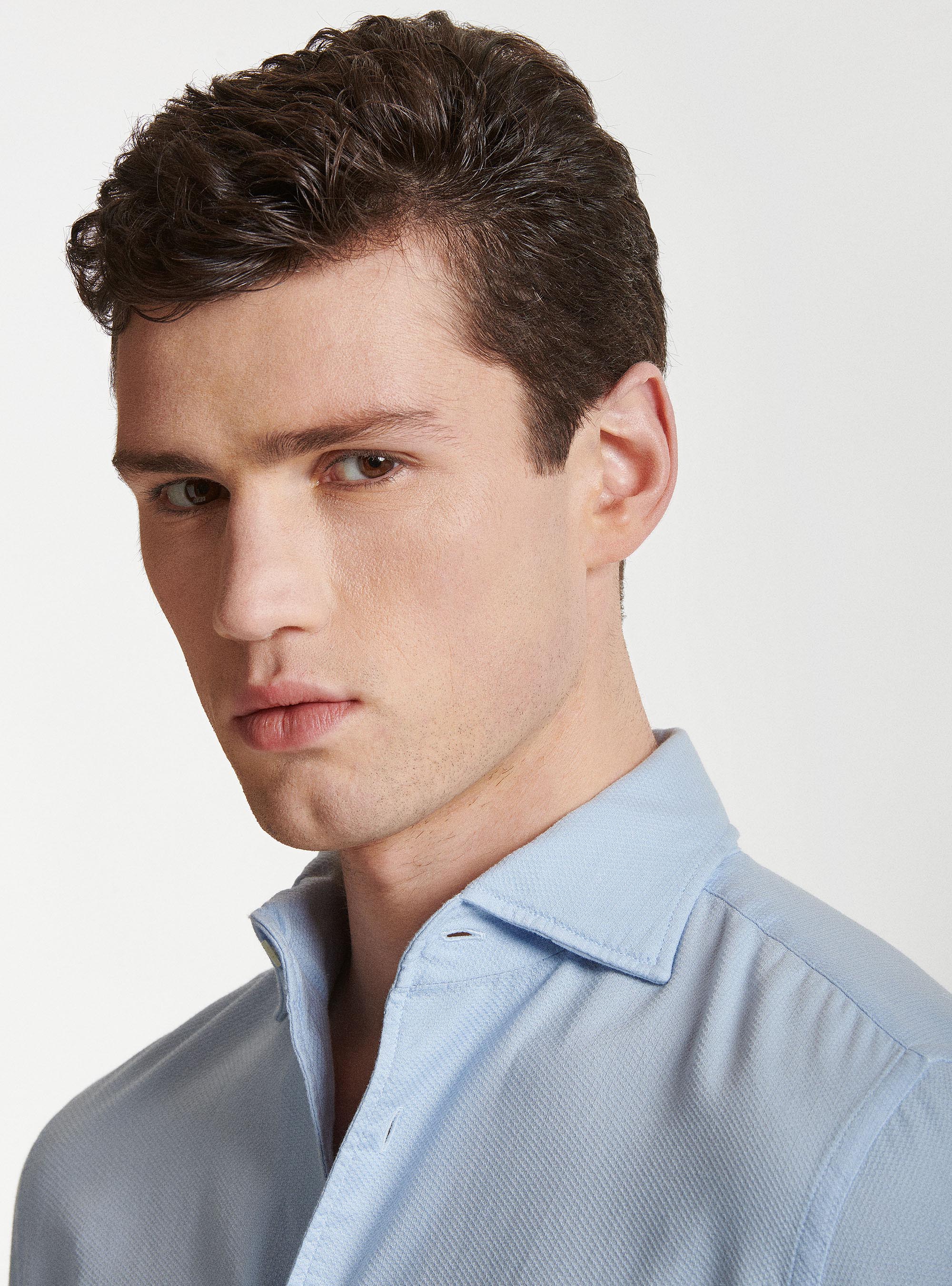 Chemise &agrave; col semi-fran&ccedil;ais en coton teint&eacute; dans la masse, BLEU CIEL