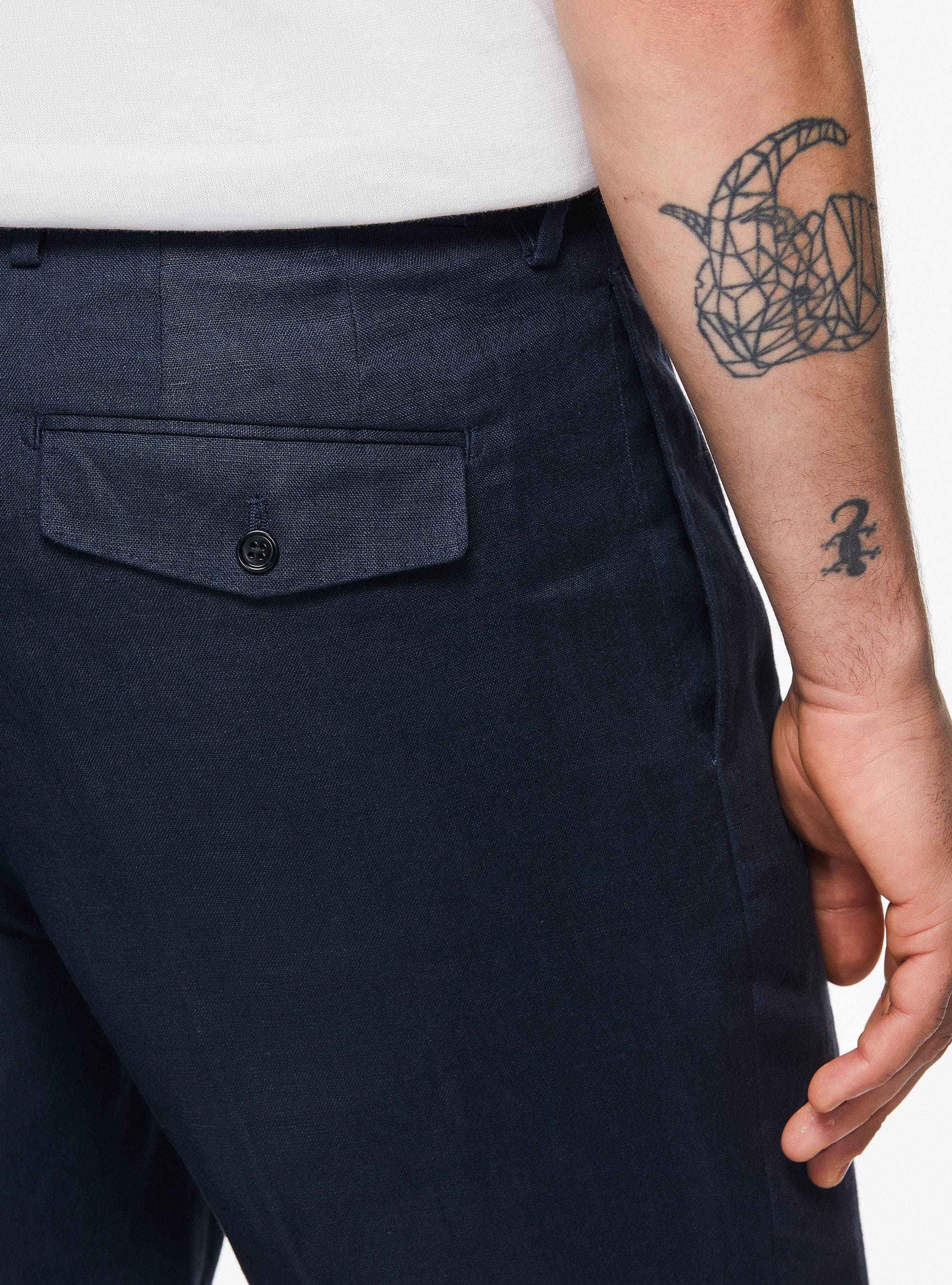 Pantalon &agrave; double couture en pur lin, BLEU MARINE