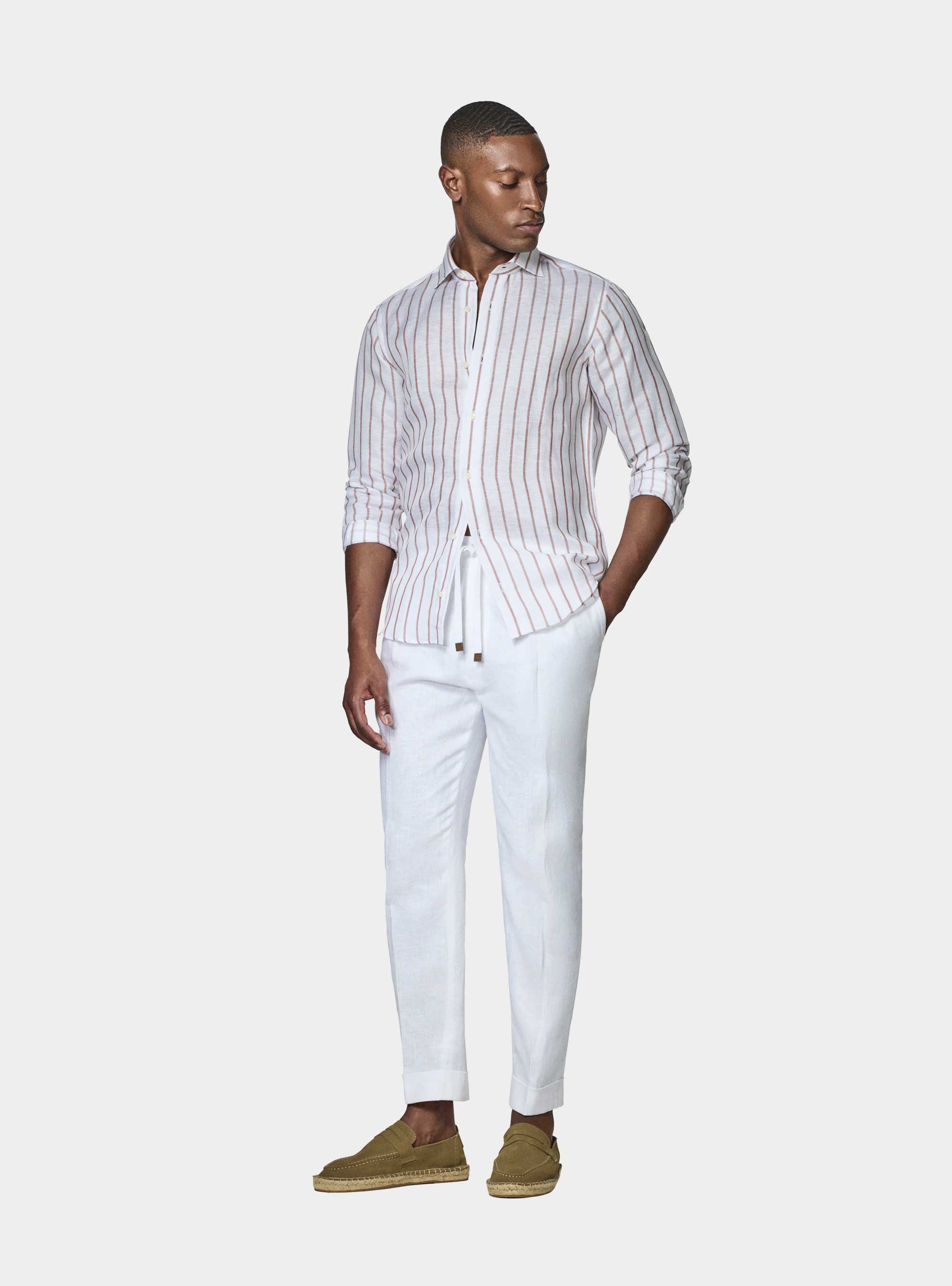 Linen blend striped shirt, BROWN