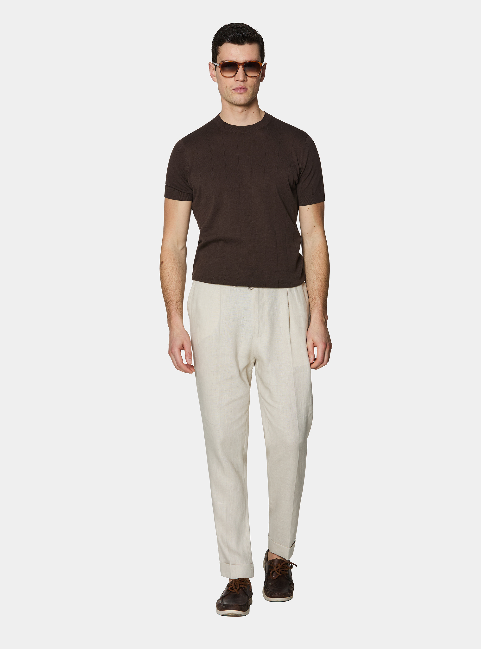Pure cotton flat-ribbed sweater, BROWN