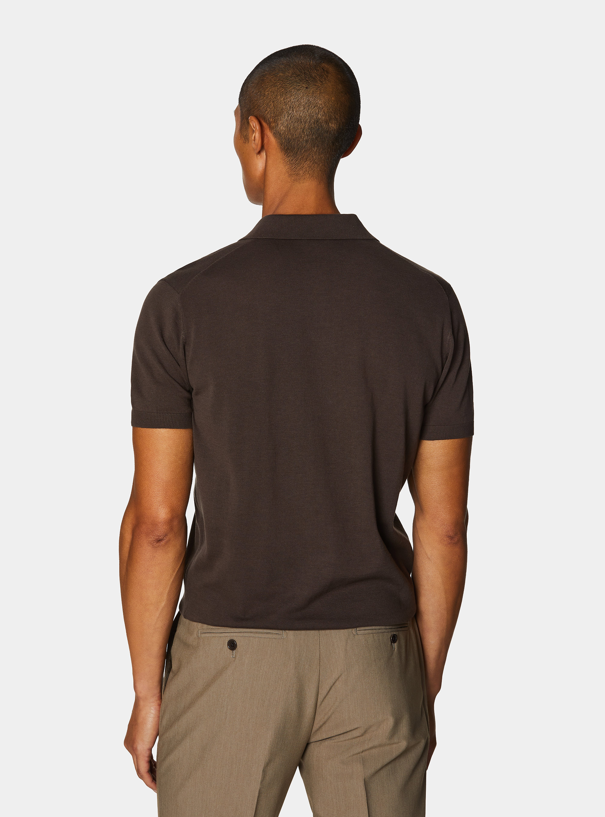 Buttonless knitted polo shirt in extra-fine cotton, BROWN