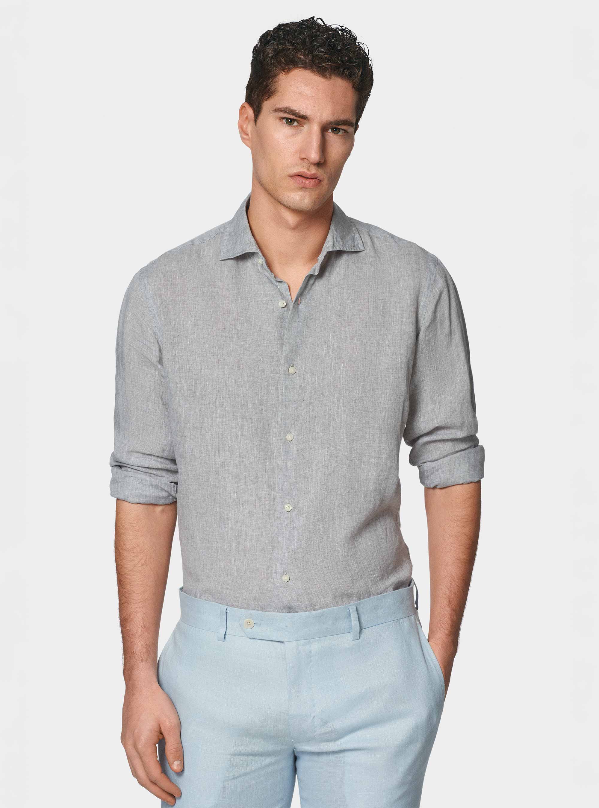 Camisa de lino puro, GRIS CLARO JASPEADO