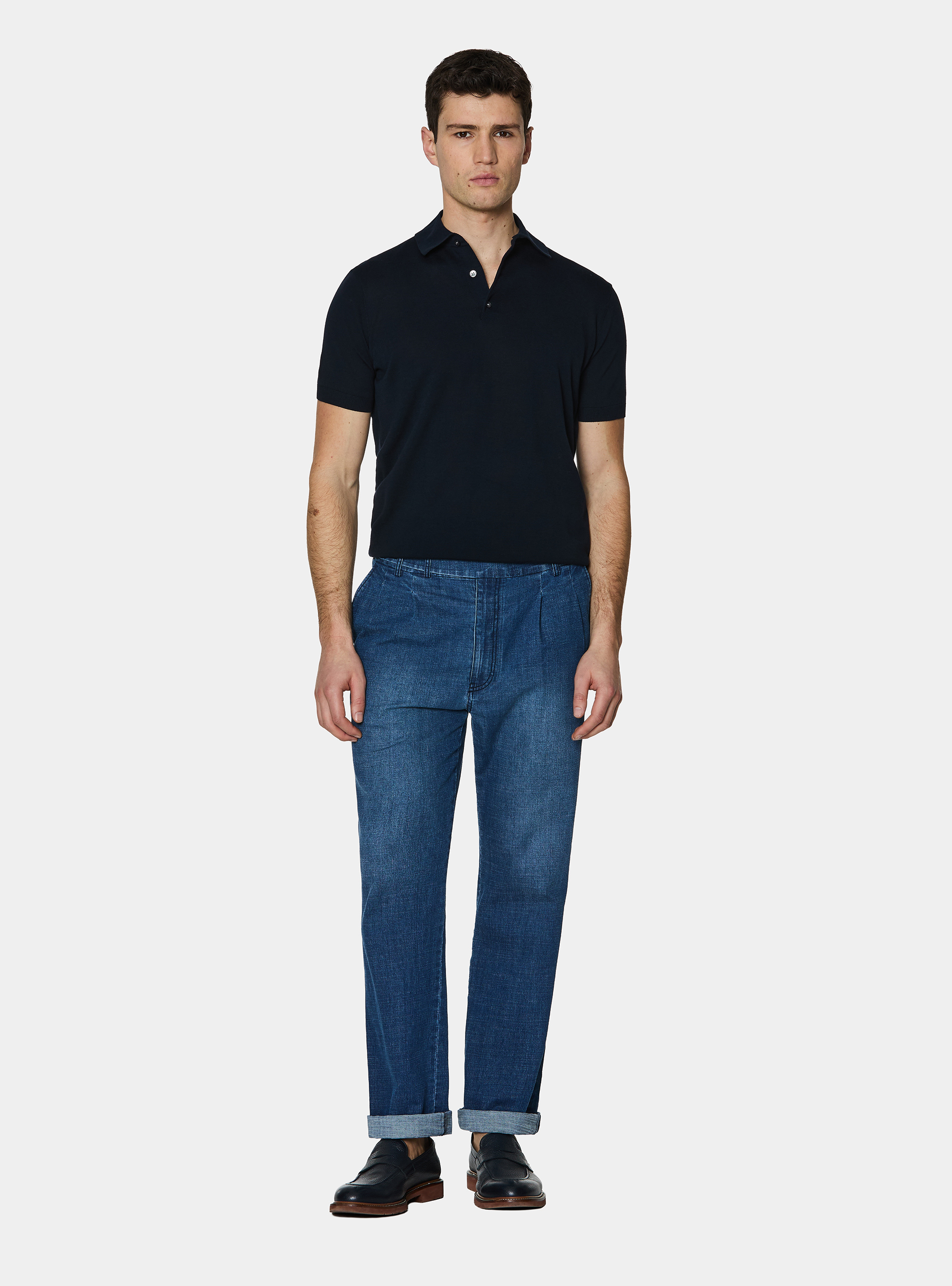 Polo en tricot de coton extra-fin, BLEU MARINE