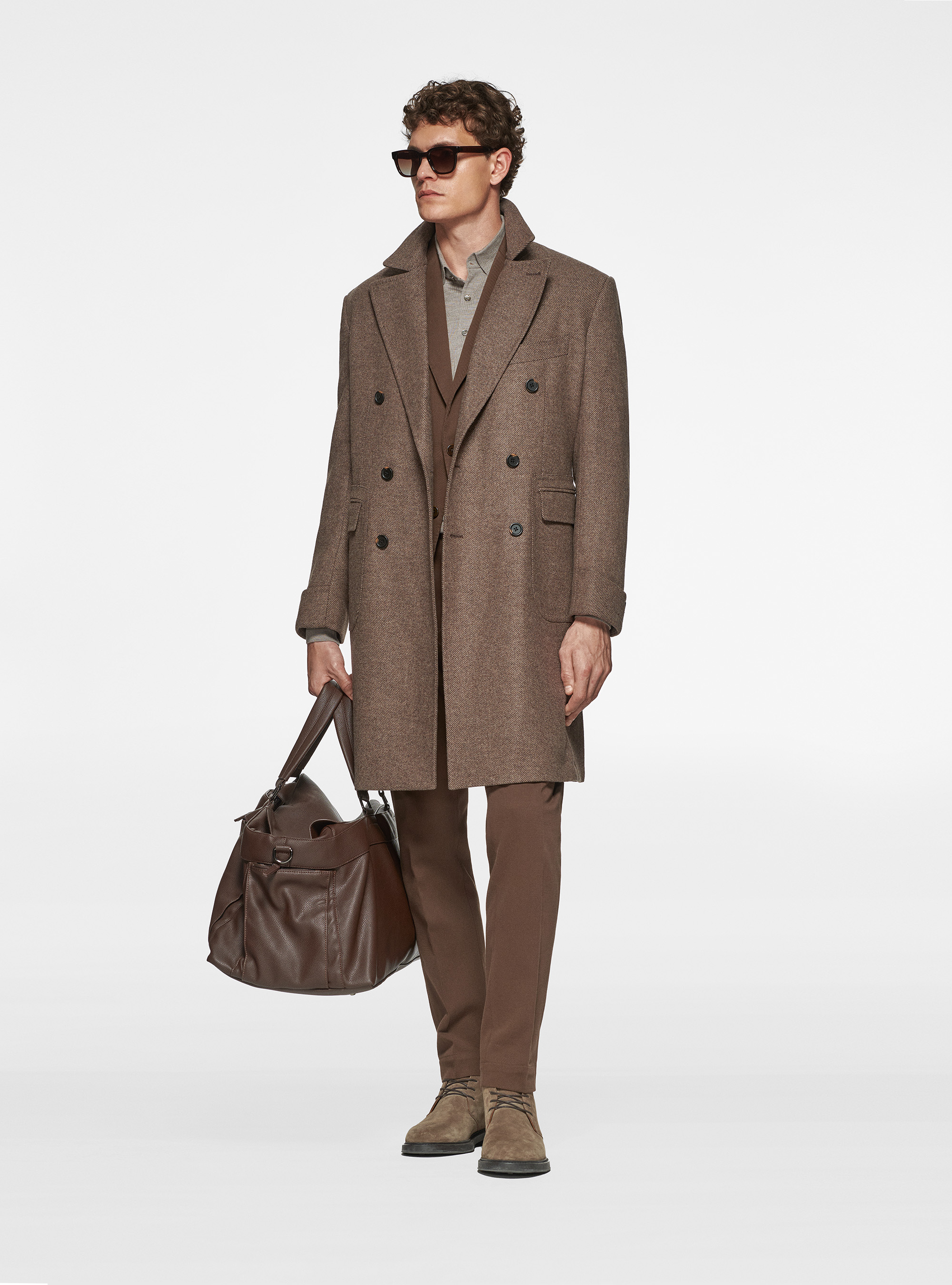 Wool and silk diagonal double-breasted coat, BROWN