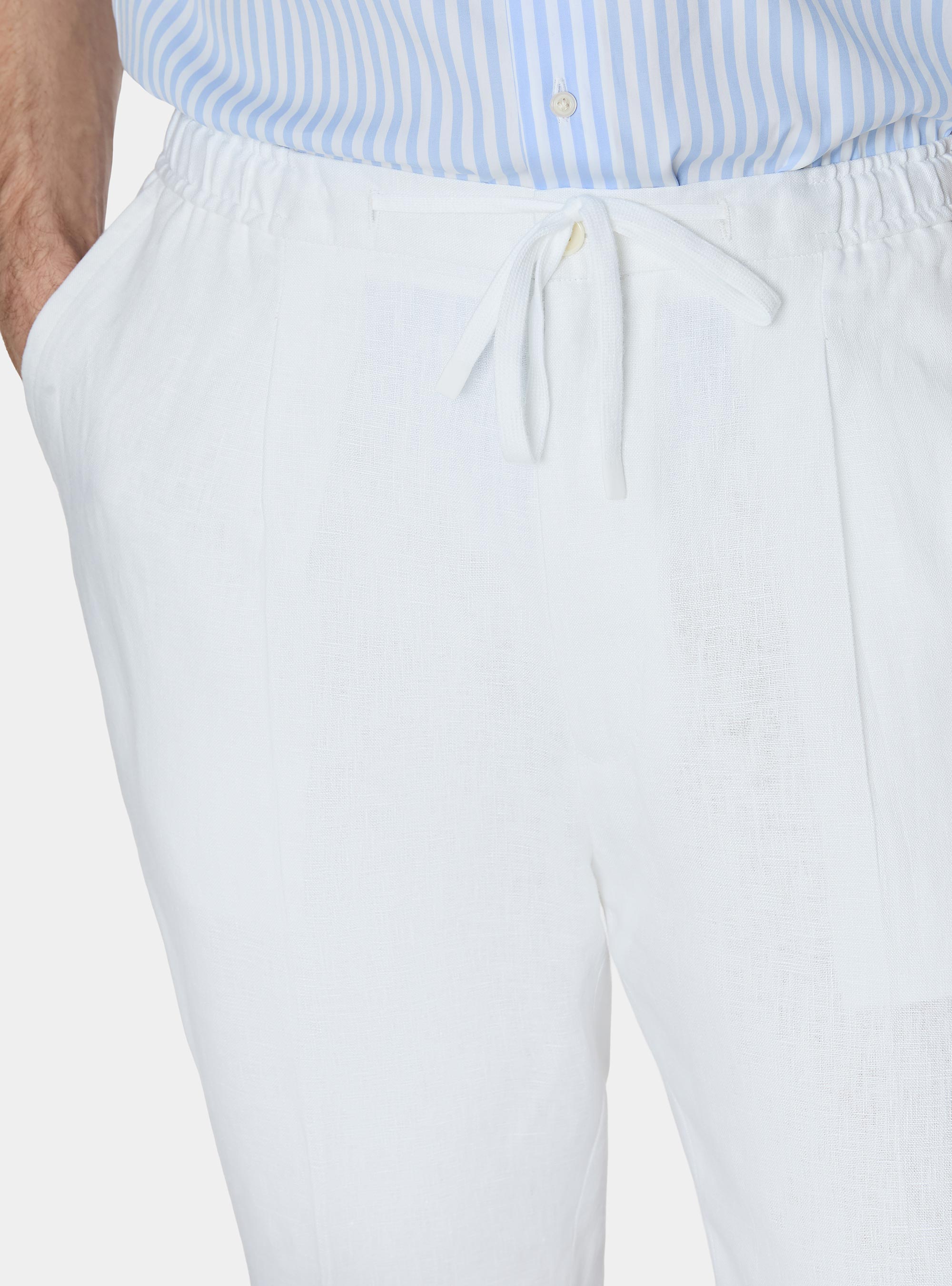 Pure linen trousers with pleat and drawstring, WHITE