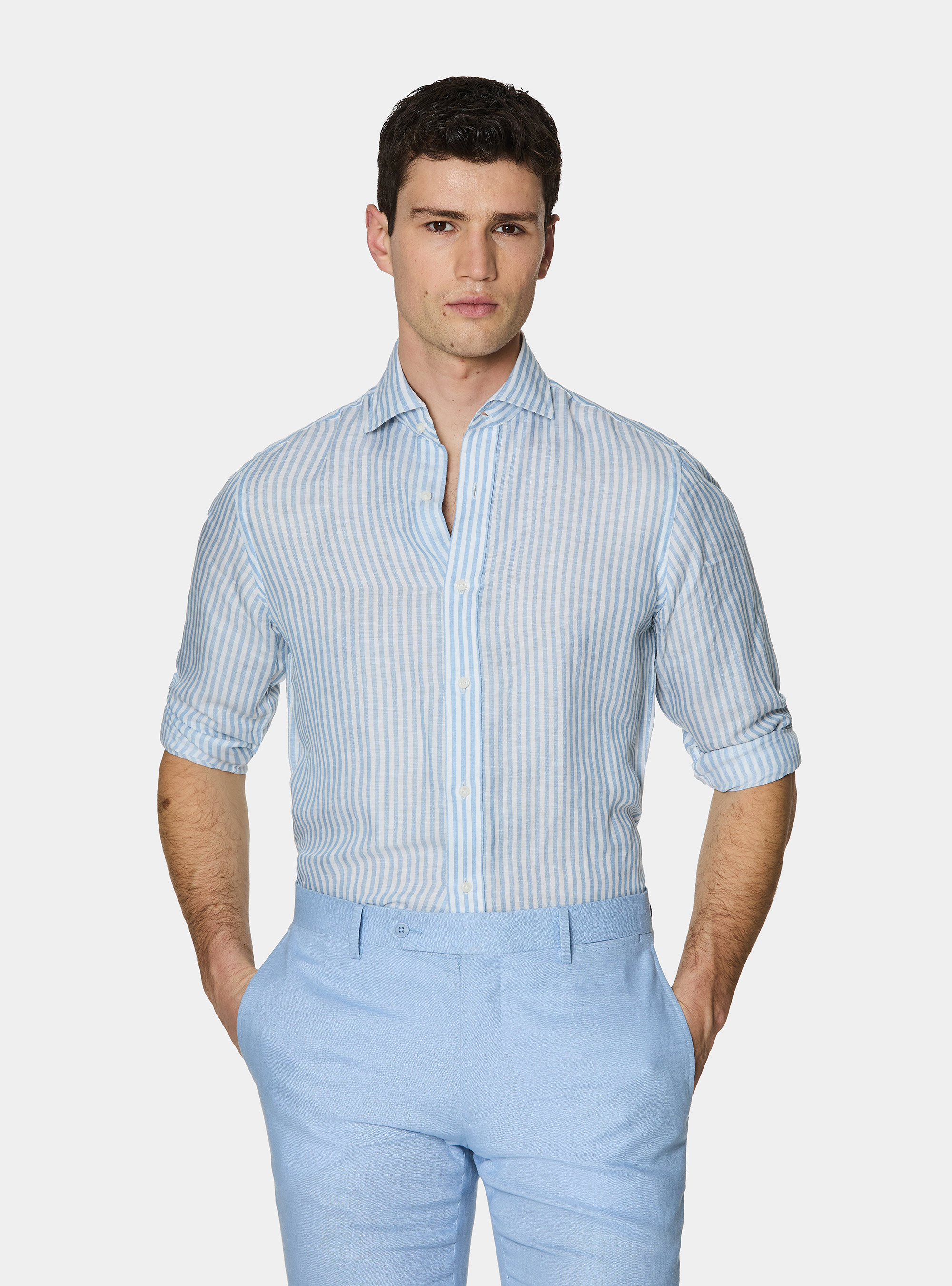 Gestreiftes Hemd aus einer Leinenmischung, AZZURRO 0276C