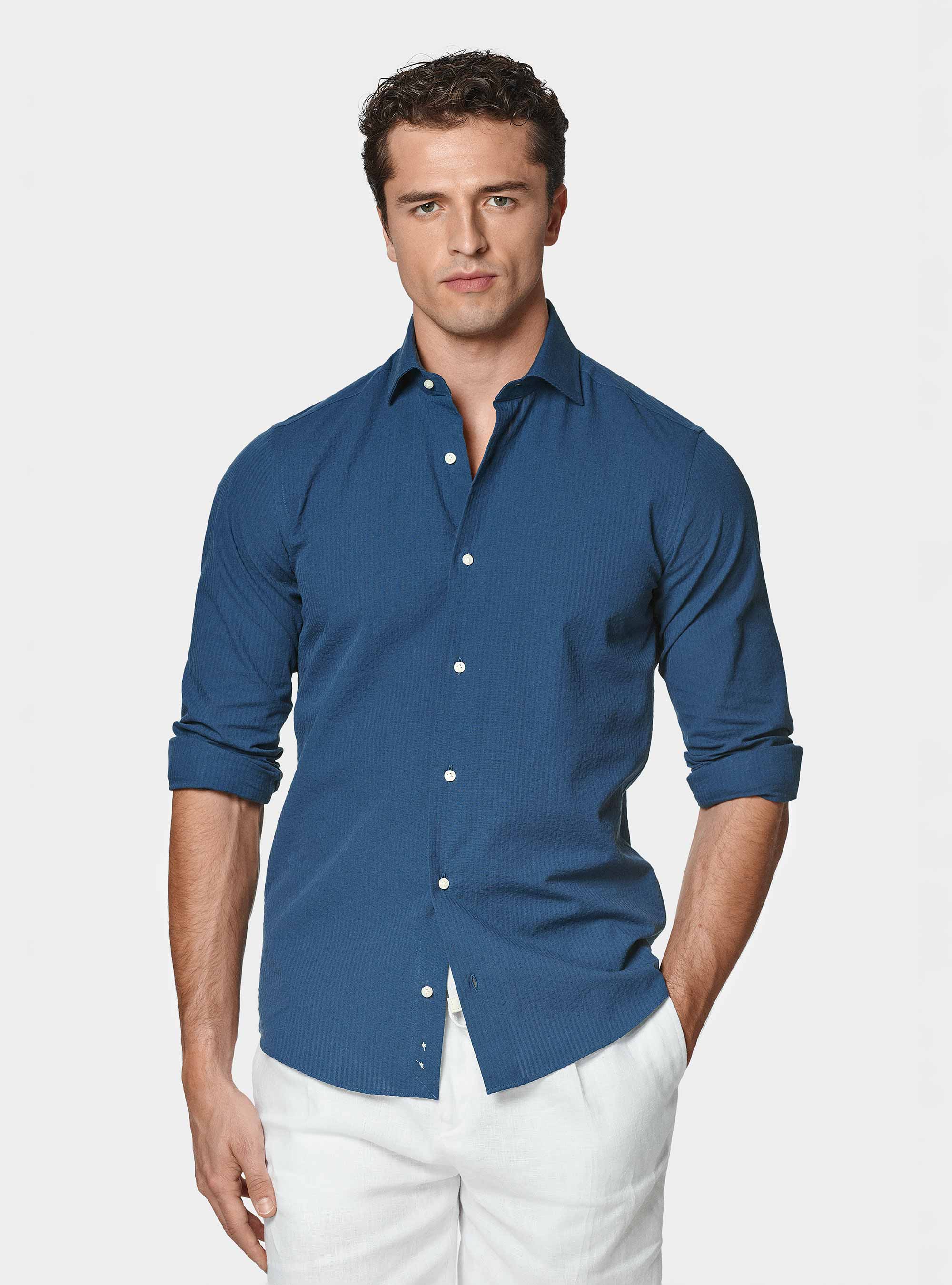 Camicia in puro cotone seersucker, 0243C DENIM