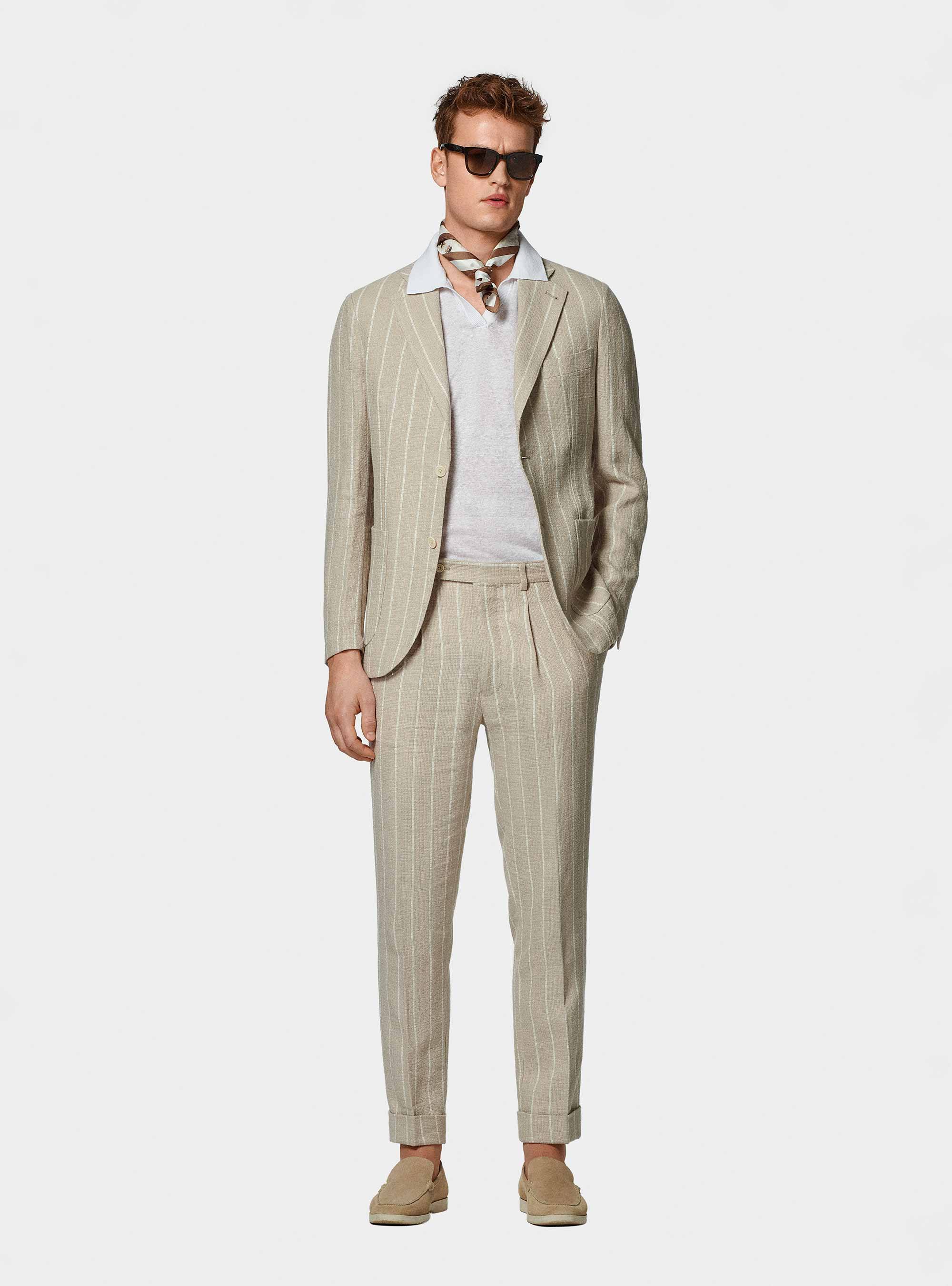 Giacca abito rigato in puro lino crepe, SABBIA