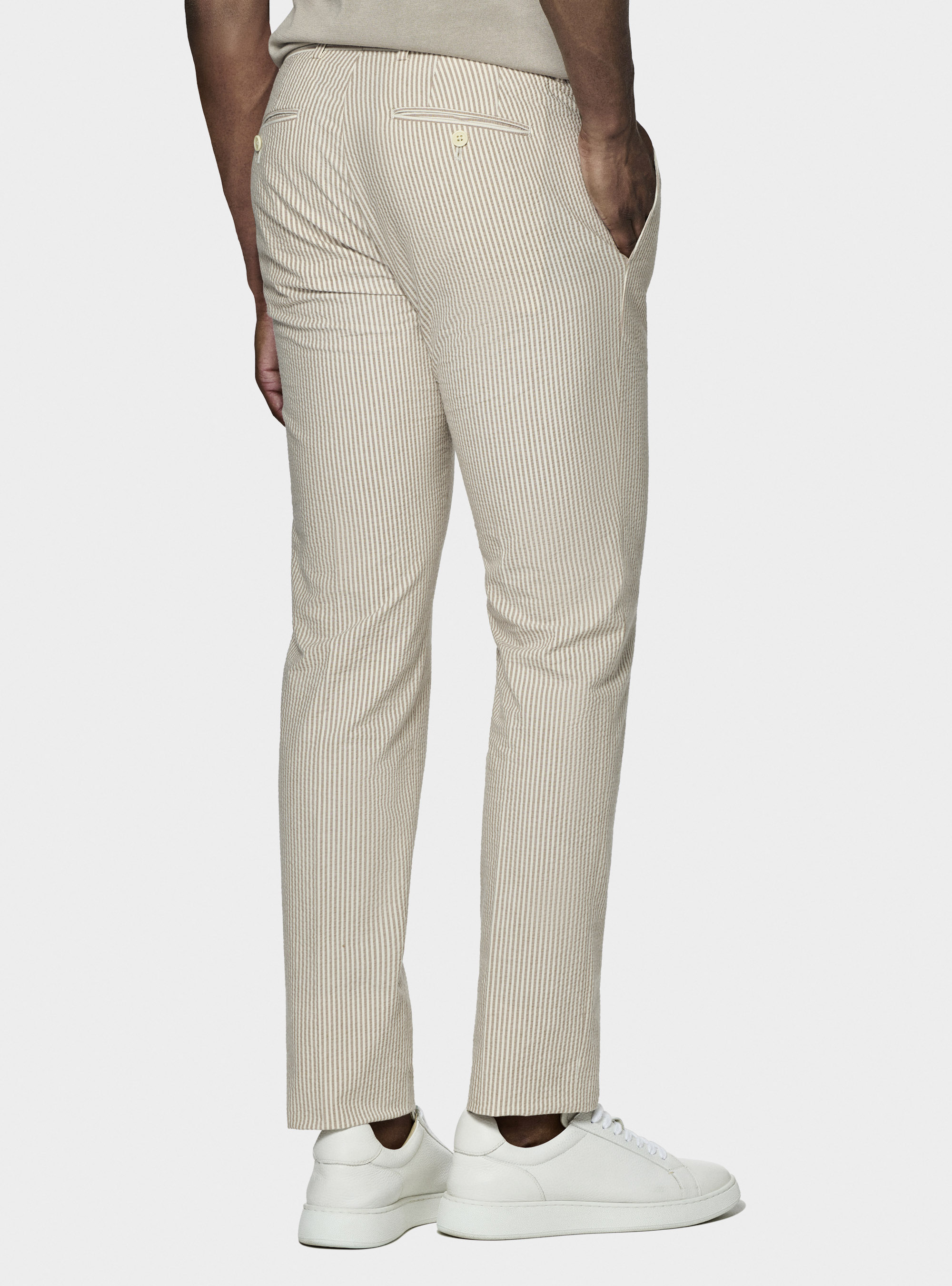 Seersucker trousers in striped cotton blend, SAND